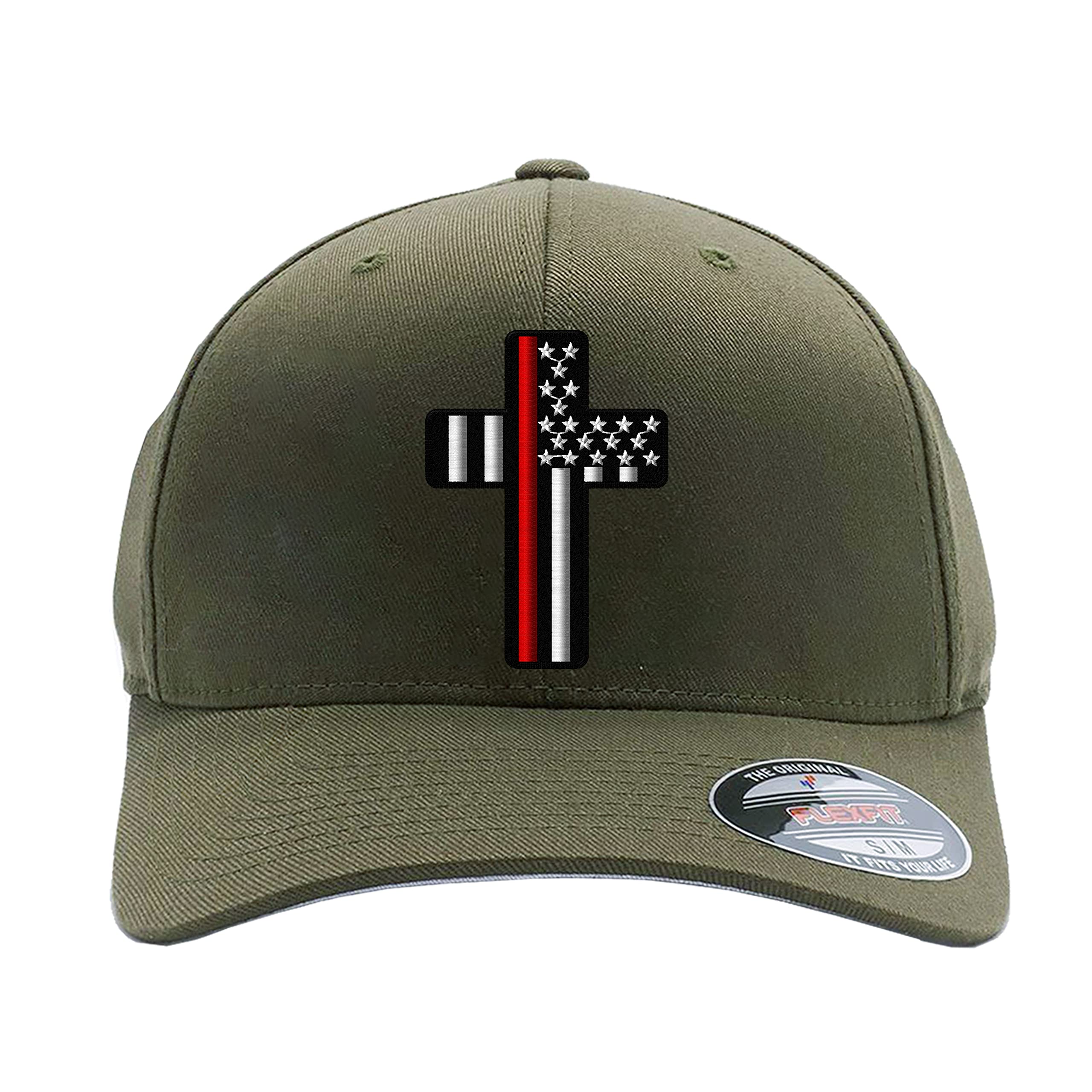 Firefighter Thin Red line Hereos Cross/Thin Blue line Heroes Cross American Flag Custom Embroidered Flexfit Hat