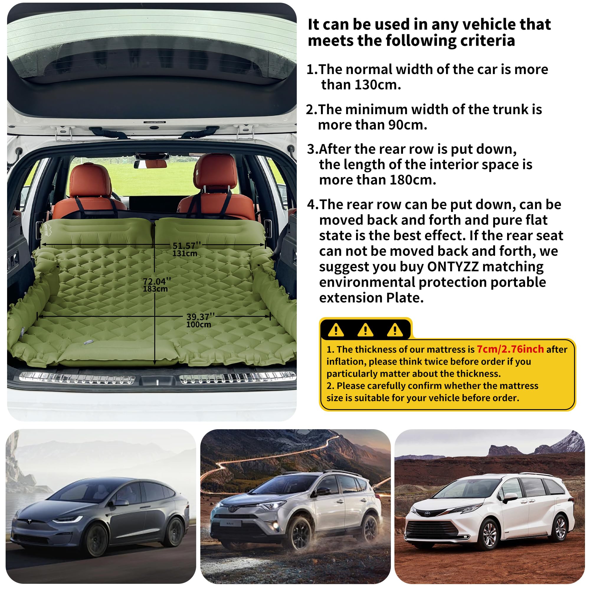 ONTYZZ Auto Matratze SUV Luftmatratze 2 Personen Luftbett für Reisen Camping Isomatte Selbstaufblasende Schlafmatten mit Fuß Pumpe & Kissen Aufblasbare Camping Bett 183 * 131 * 7CM