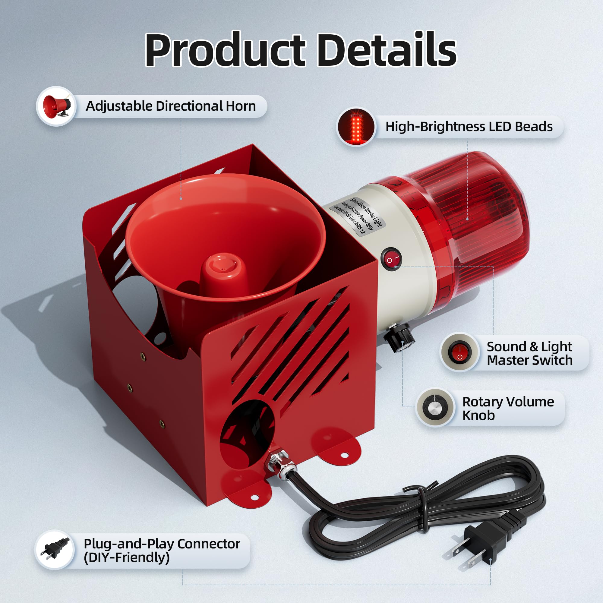 Joinfworld Luz estroboscópica de alarma de sirena AC110V 120dB volumen ajustable al aire libre impermeable emergencia estroboscópica alarma alarma alarma luz de advertencia