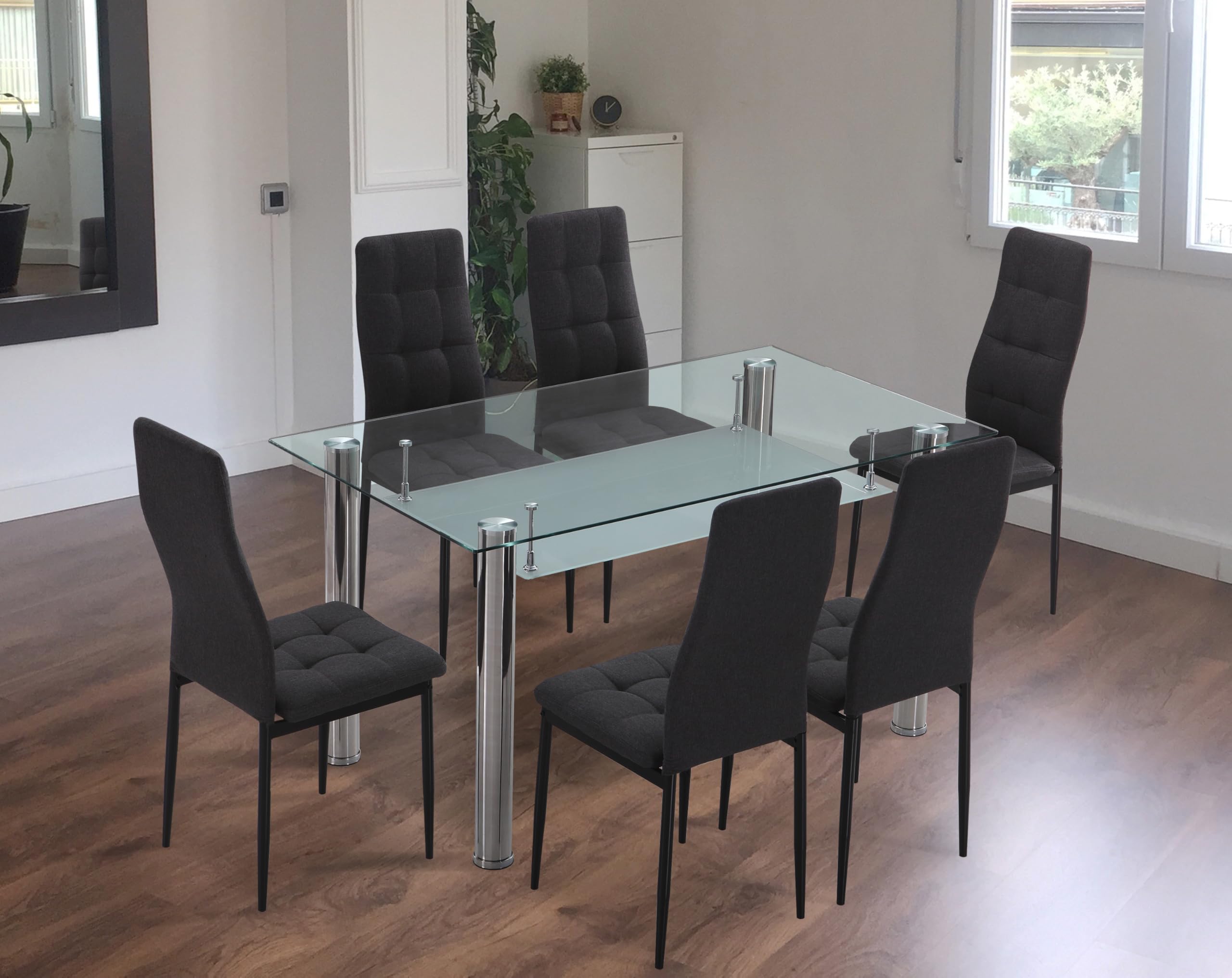 Pack 6 Sillas de Comedor Zuni, Color Gris, Tapizadas Capitoné | Sillas Estilo Moderno, Respaldo y Asiento Tapizado Capitoné, Patas metálicas | Sillas Estilo Moderno, Respaldo y Asiento Tapizado Capitoné, Patas metálicas