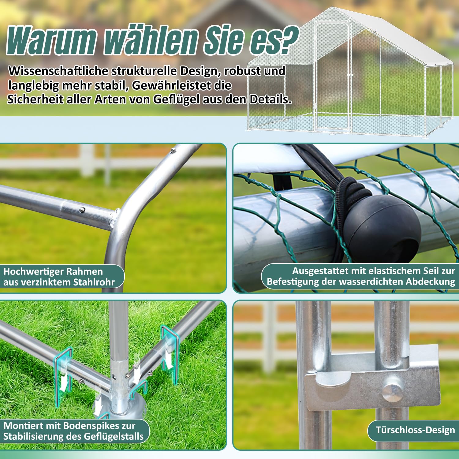 Gallinero con área libre, 3x2x2m Jaulas de metal para animales pequeños con cerradura de seguridad y cubierta impermeable para salida de gallinas, área libre para gallinas, pajarera, plantas