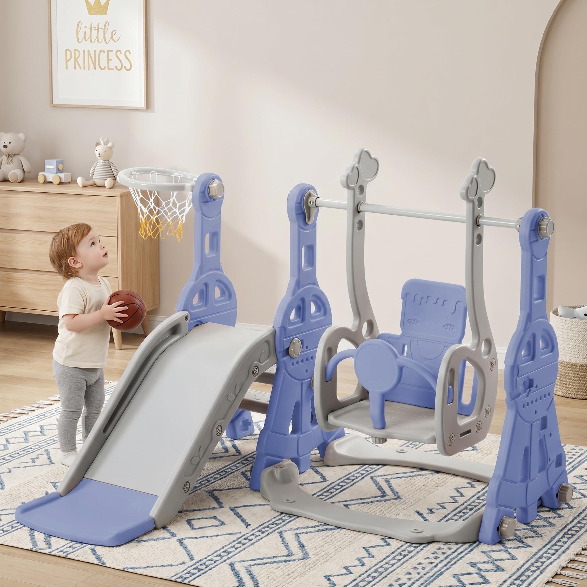 Tobogán al aire libre infantil, 4 en 1 columpio con tobogán con toboganes, escaleras, columpios y cestas de baloncesto, aplicable para niños físicos casas jardines de infancia parques (azul)