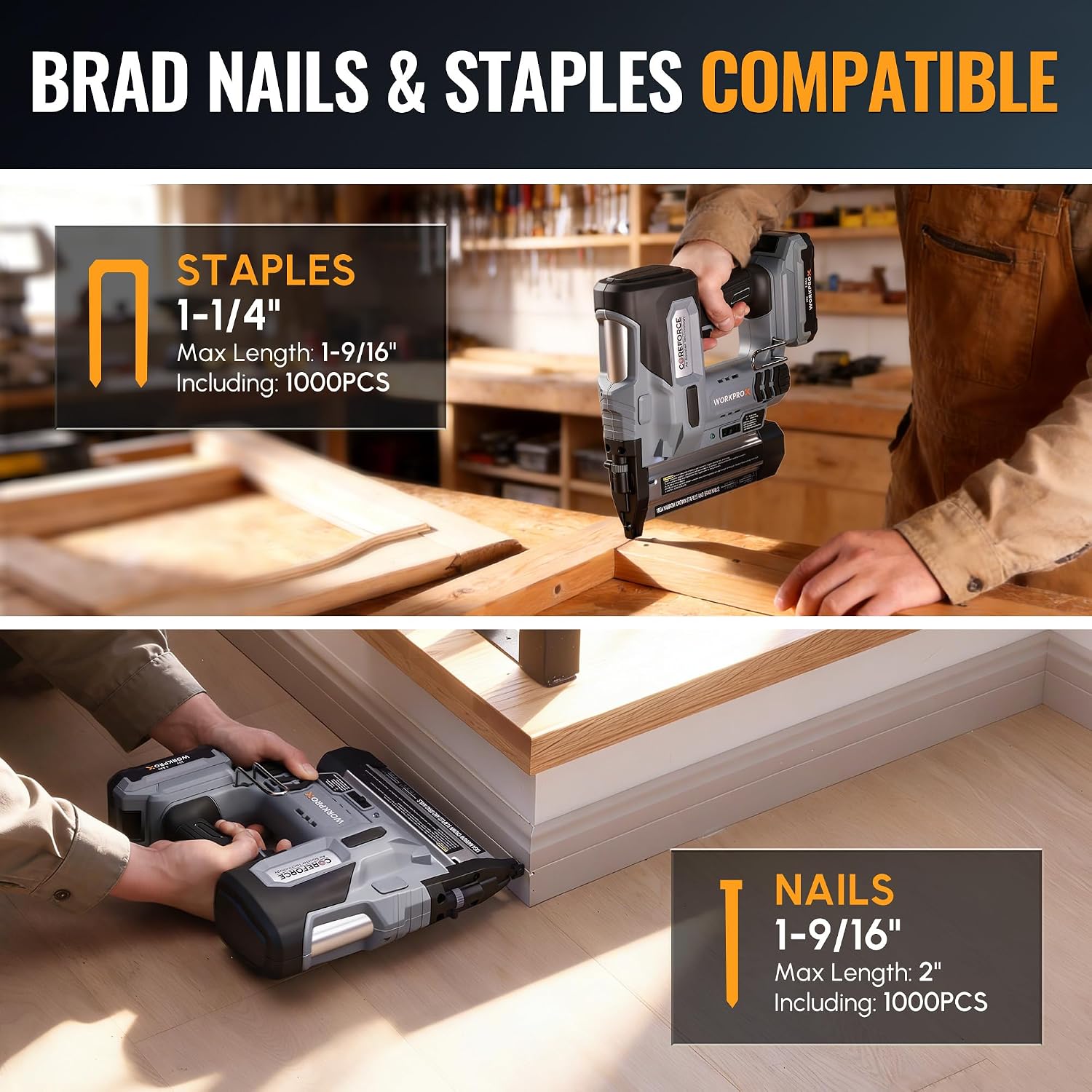 WORKPROX 20V Cordless Brad Nailer kit, 18 Gauge 2-in-1 Nail & Staple Gun with 2.0Ah Rechargeable Battery, 1000 Staples & 1000 Nails, for Woodworking, Upholstery, DIY Projects & Home Improvement