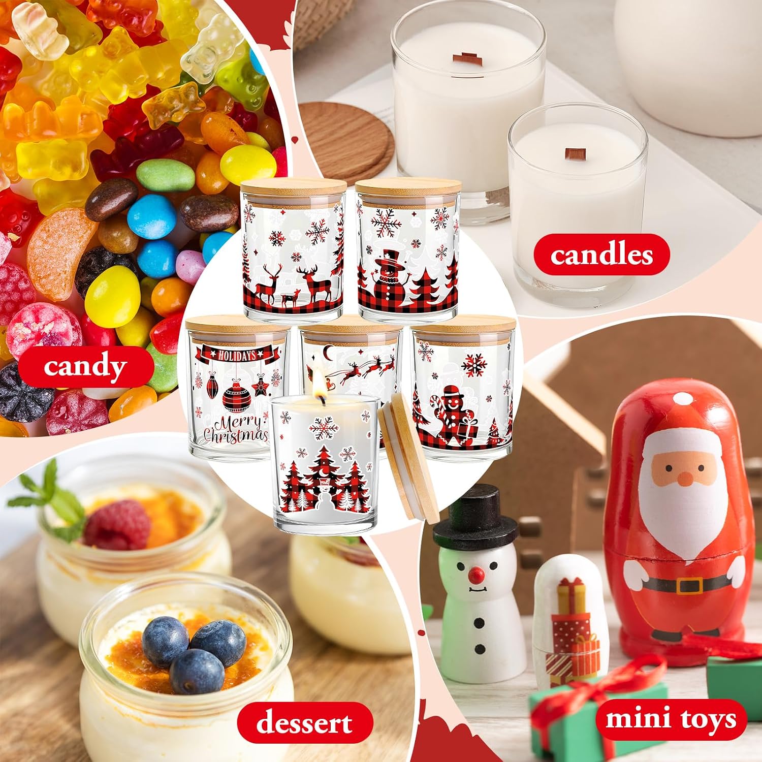 Whaline 12 Pcs Christmas Glass Candle Jars with Cork Lids Red Black Xmas Plaid Tree Snowman Forest Clear Empty Container for Candle Making Storing Holiday Party Decor