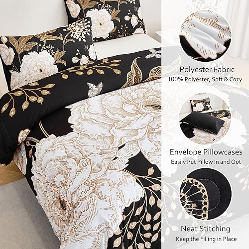 Miniatura 3 de PERFEMET Juego de edredón floral tamaño King, patrón de flores botánicas blancas y hojas doradas impresas en diseño negro, suave, reversible, estilo