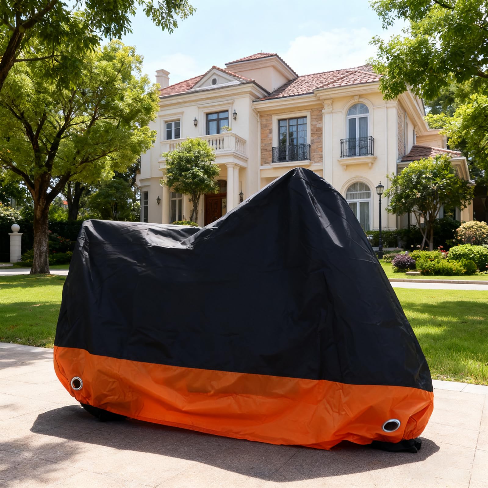 XYZCTEM Funda Impermeable para Scooter, Cubierta para ciclomotor, Cubierta para Vespa, protección al Aire Libre contra el Agua, los Rayos UV, el Viento. Negro-Naranja, 72 Pulgadas de Largo