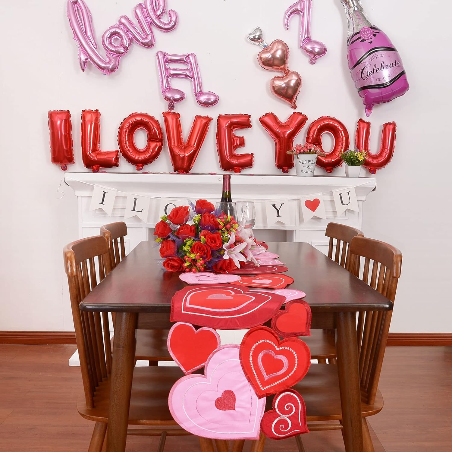 Grelucgo Embroidered Red and Pink Love Heart Table Runner for February 14th (13 x 90 inch)