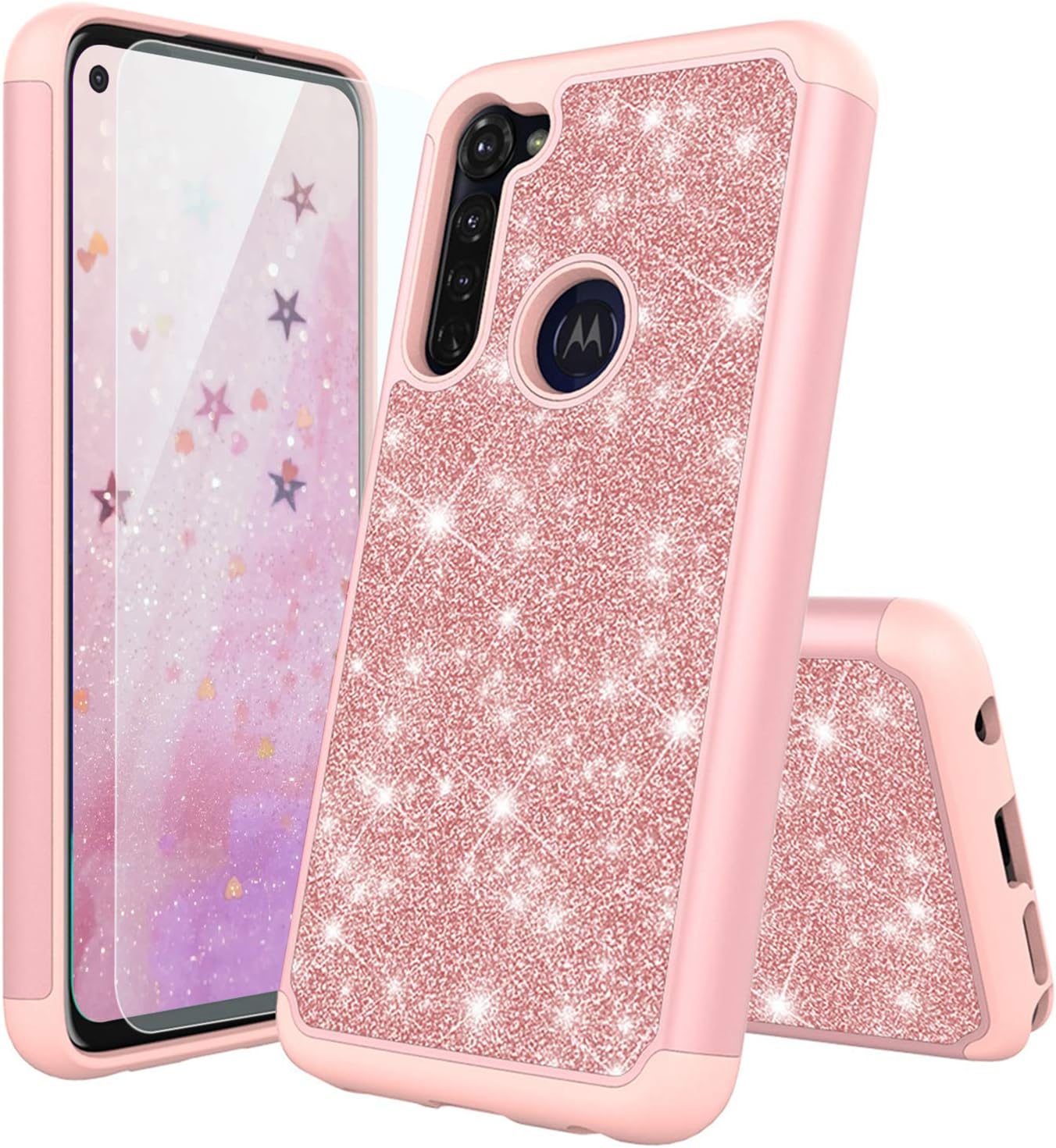 TJS Phone Case Compatible with Motorola Moto G Stylus 2020, with [Tempered Glass Screen Protector] Glitter Bling Cute Girls Women Design Dual Layer Heavy Duty Hybrid Cover (Rose Gold)