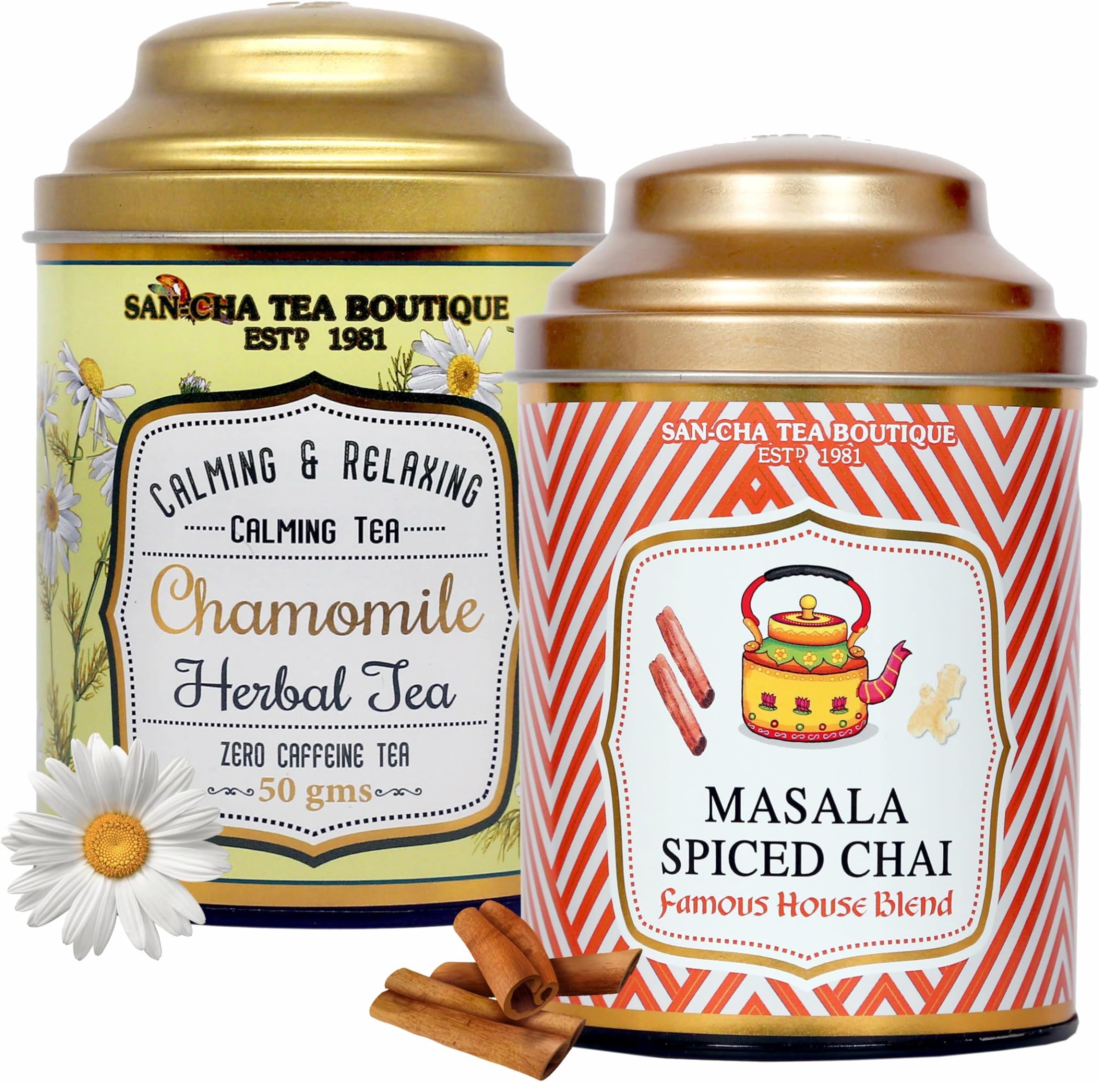 Sancha Tea Boutique, Tea Combo Pack: Chamomile Herbal (50g), Caffeine Free Herbal Tisane & Masala Chai (100g), Loose Leaves, Real Masala Tea