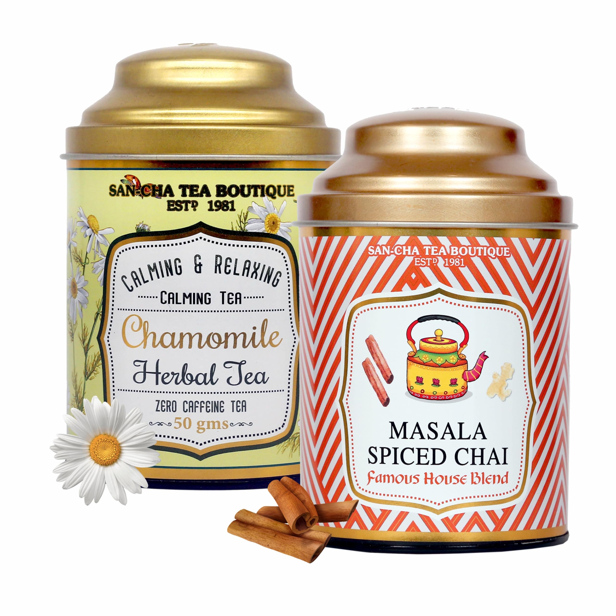 Sancha Tea Boutique, Tea Combo Pack: Chamomile Herbal (50g), Caffeine Free Herbal Tisane & Masala Chai (100g), Loose Leaves, Real Masala Tea
