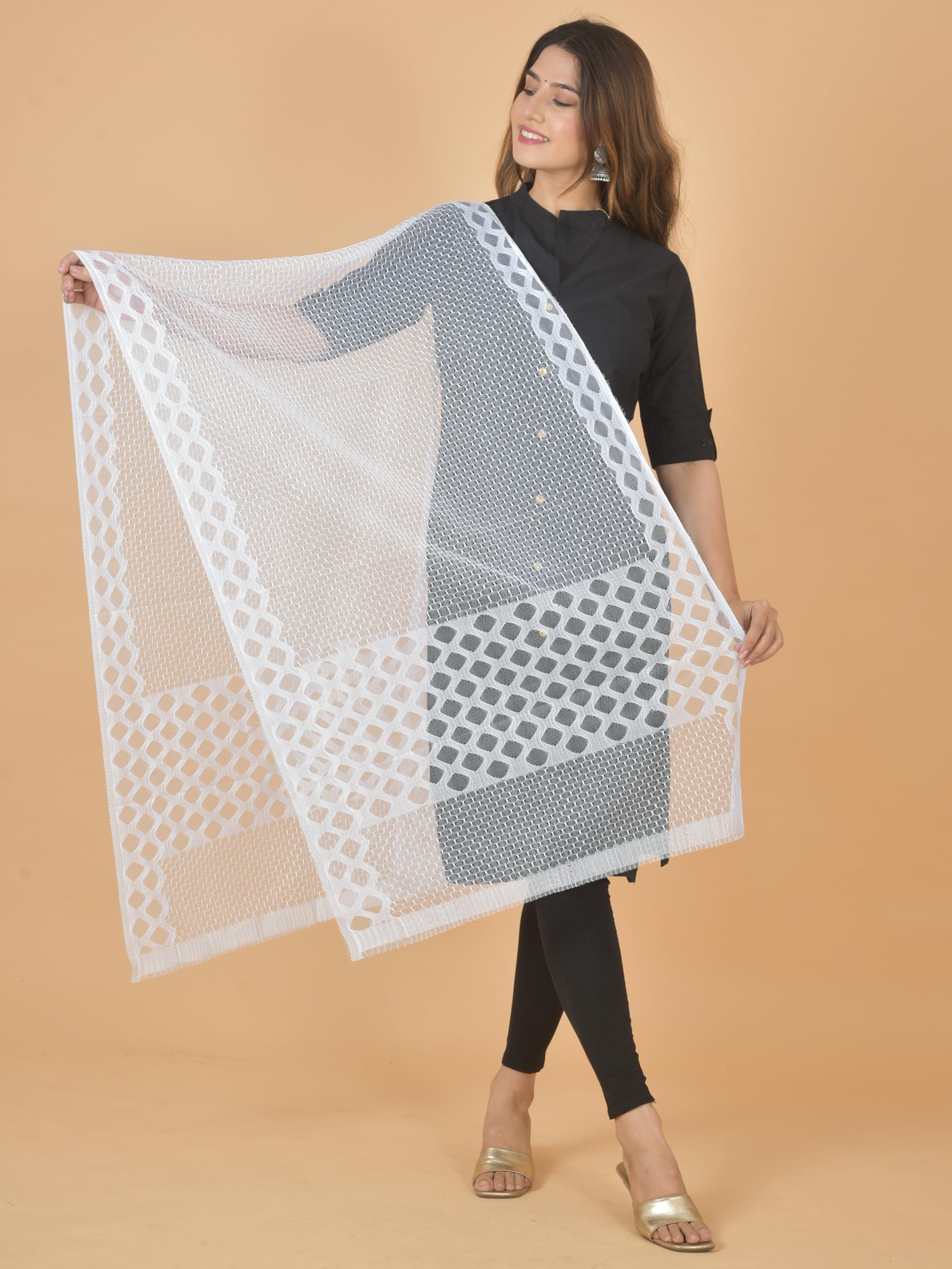 NAKODA Dupatta for Women and Girls 100% Netted Self Print Design (White) -AB6031-image-31