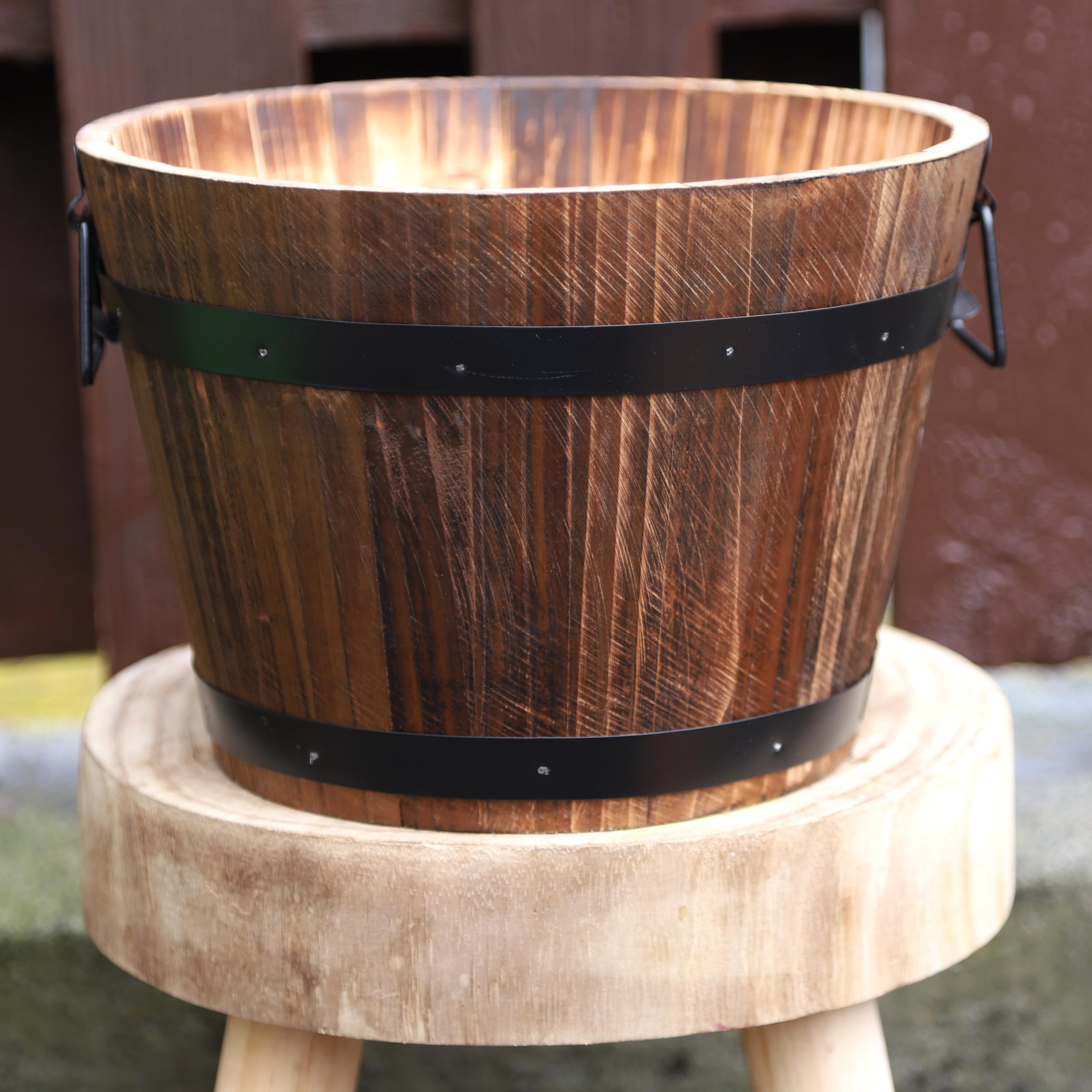 Fyne-Finds Natural Round Wooden Whiskey Barrel Planter 28Cm, 11Inch Garden Pot With Metal Handles Band Outdoor Tub Weatherproof Drainageholes (1)