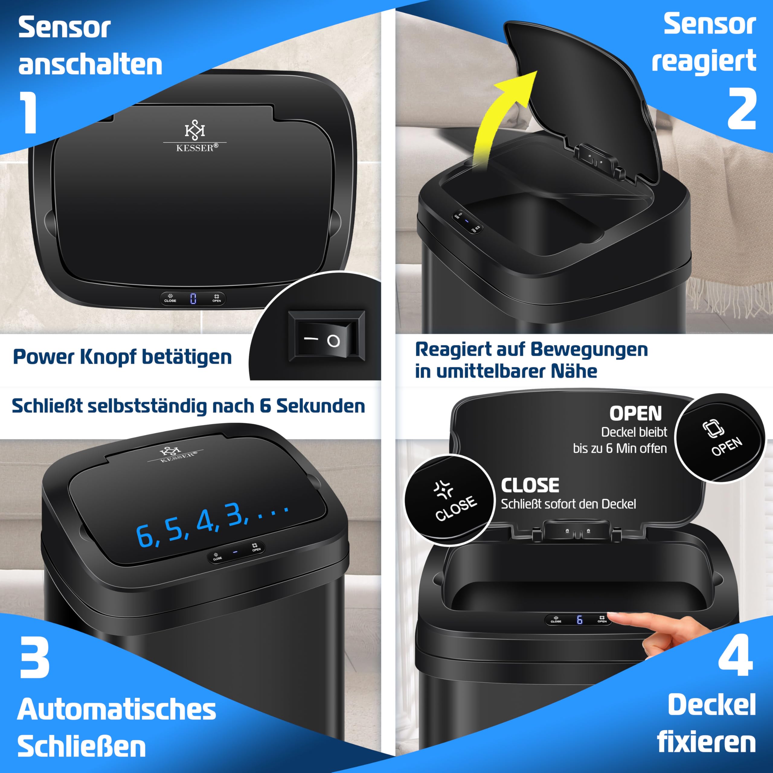 KESSER® Vuilnisemmer voor in de keuken, 40 liter, automatisch met bewegingssensor, afvalemmer en soft-close-deksel, vuilnisemmer met touch- bedieningspaneel en sensor, lcd-display, roestvrij staal