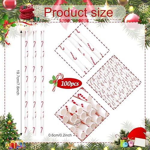 Miniatura 2 de AnyDesign - 100 popotes de Navidad de bastón de caramelo, pajitas de papel desechables de invierno rojo y blanco para Navidad, para decoraciones de