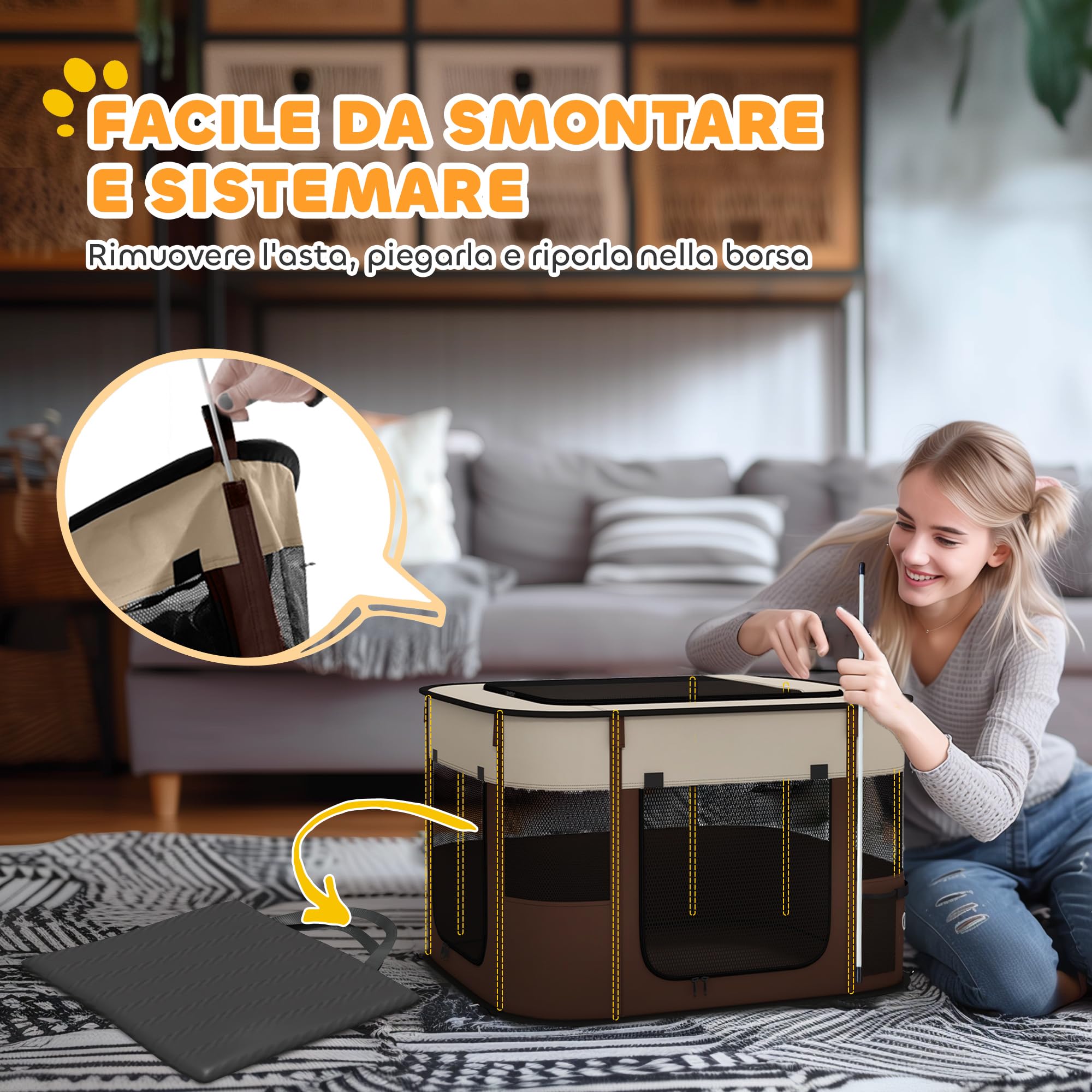 PawHut Box per Animali Domestici con 6 Finestre, 3 Porte e 2 Borse Portaoggetti, Recinto per Cani in Tessuto Oxford e Acciaio, 74x60x45 cm, Marrone