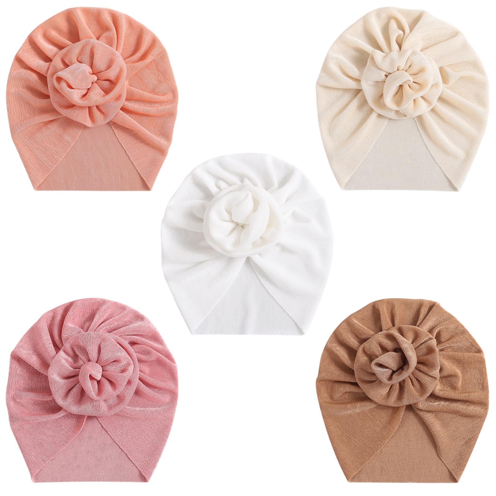 DRESHOW 5 Pieces Baby Turban Hats Turban Bun Knot Infant Beanie Baby Girl Soft Cute Toddler Cap