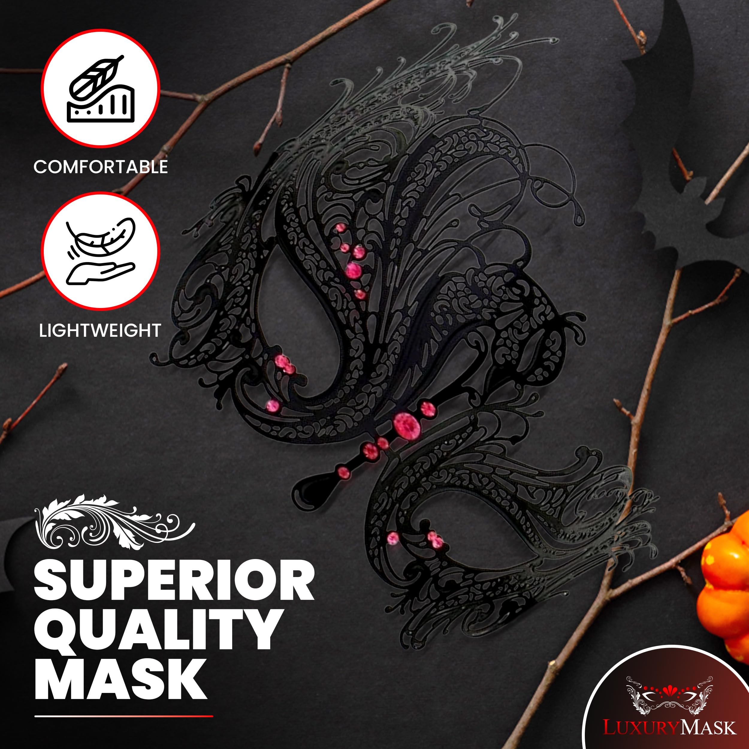 Luxury Mask Women's Swan Metal Filigree Laser Cut Venetian Masquerade Mask Black/Pink Stones Taglia unica
