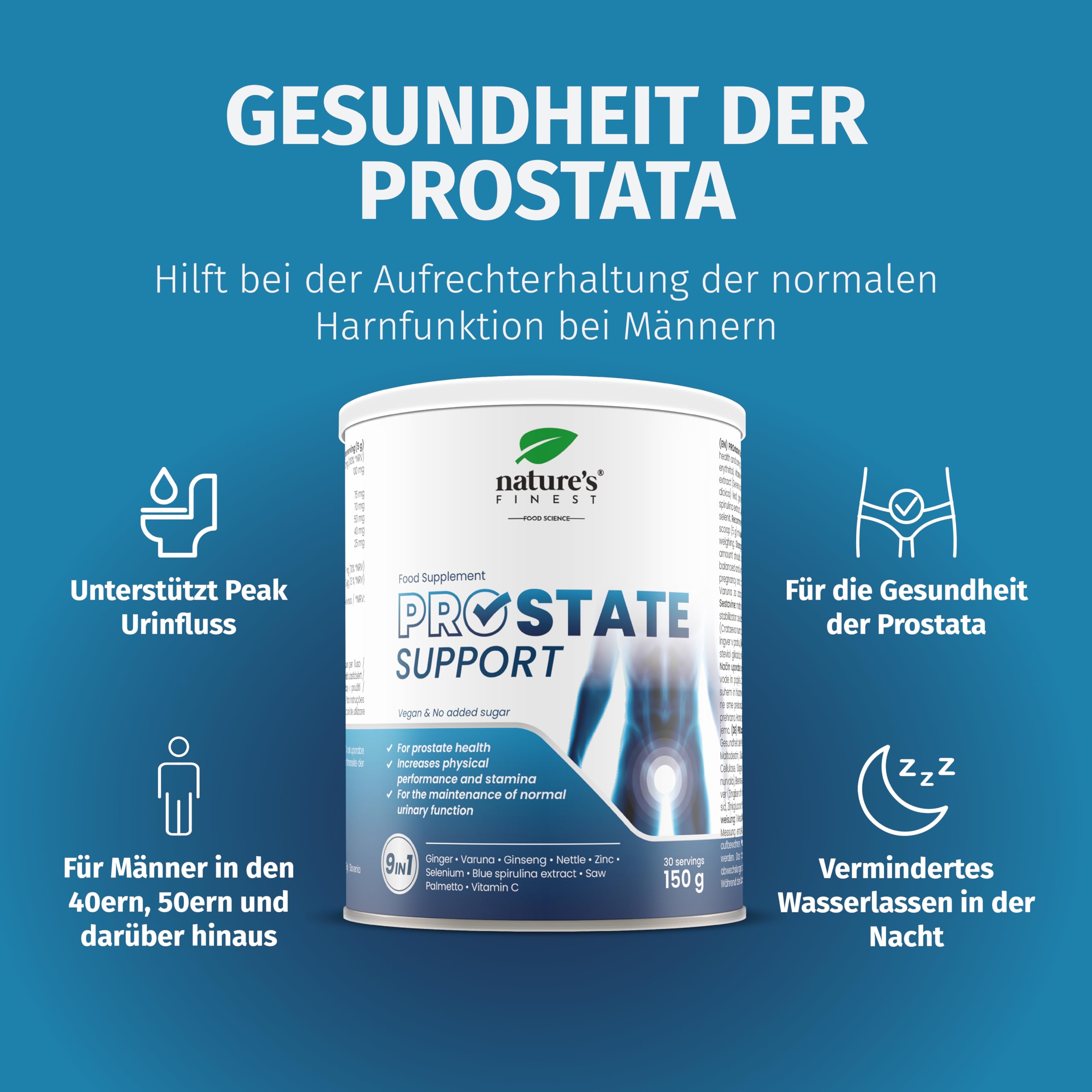 Nature's Finest Prostata Komplex - Mit Sägepalmenextrakt, Zink & Brennnessel Extrakt - Unterstützt Prostata & Harnfunktion - 30-Tage-Kur, Pulver, 150 g