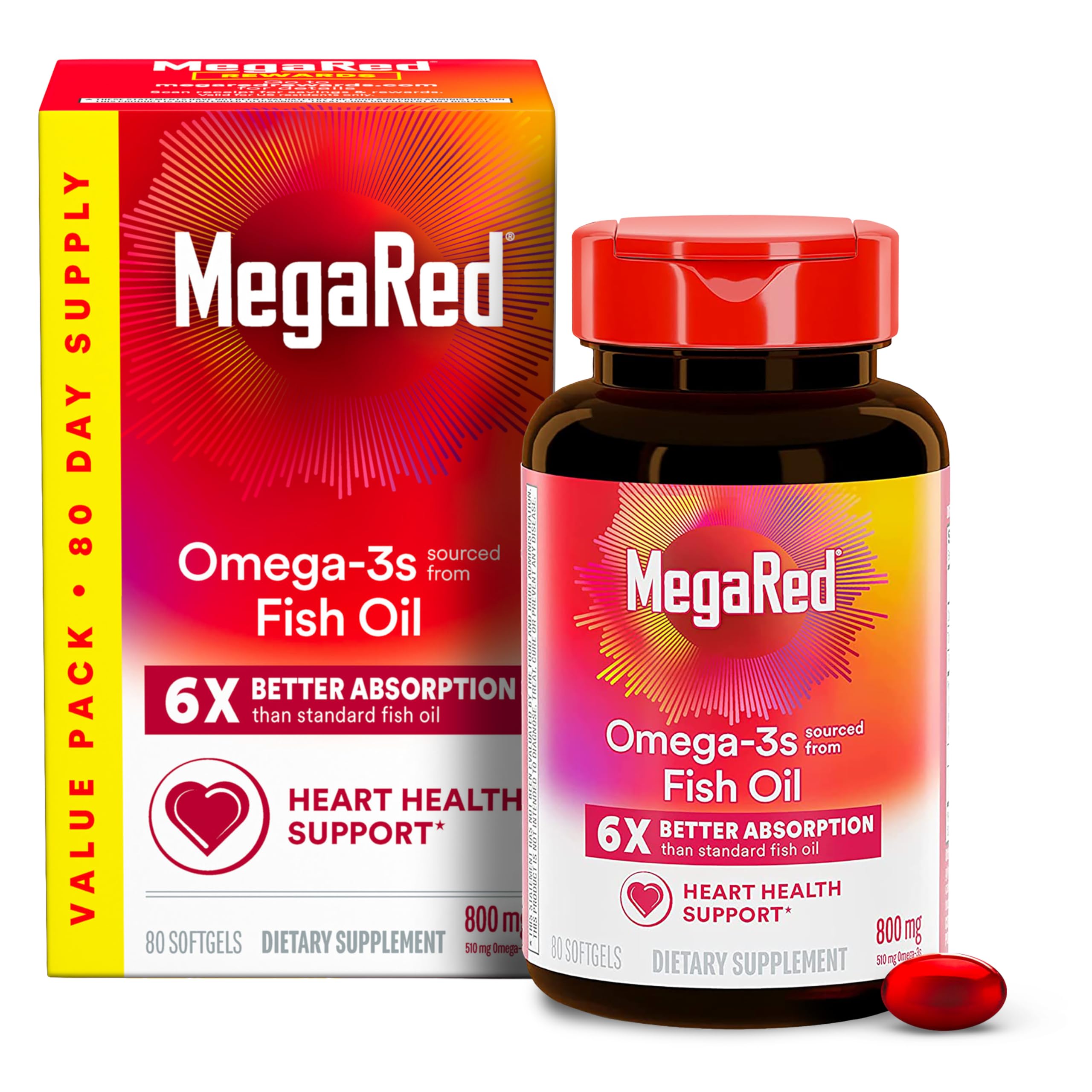 MegaRed Fish Oil 800mg Omega 3 Supplement with EPA & DHA, Supports Heart, Brain, Joint and Eye Health, No Fishy Aftertaste - 80 Softgels (80 Servings)