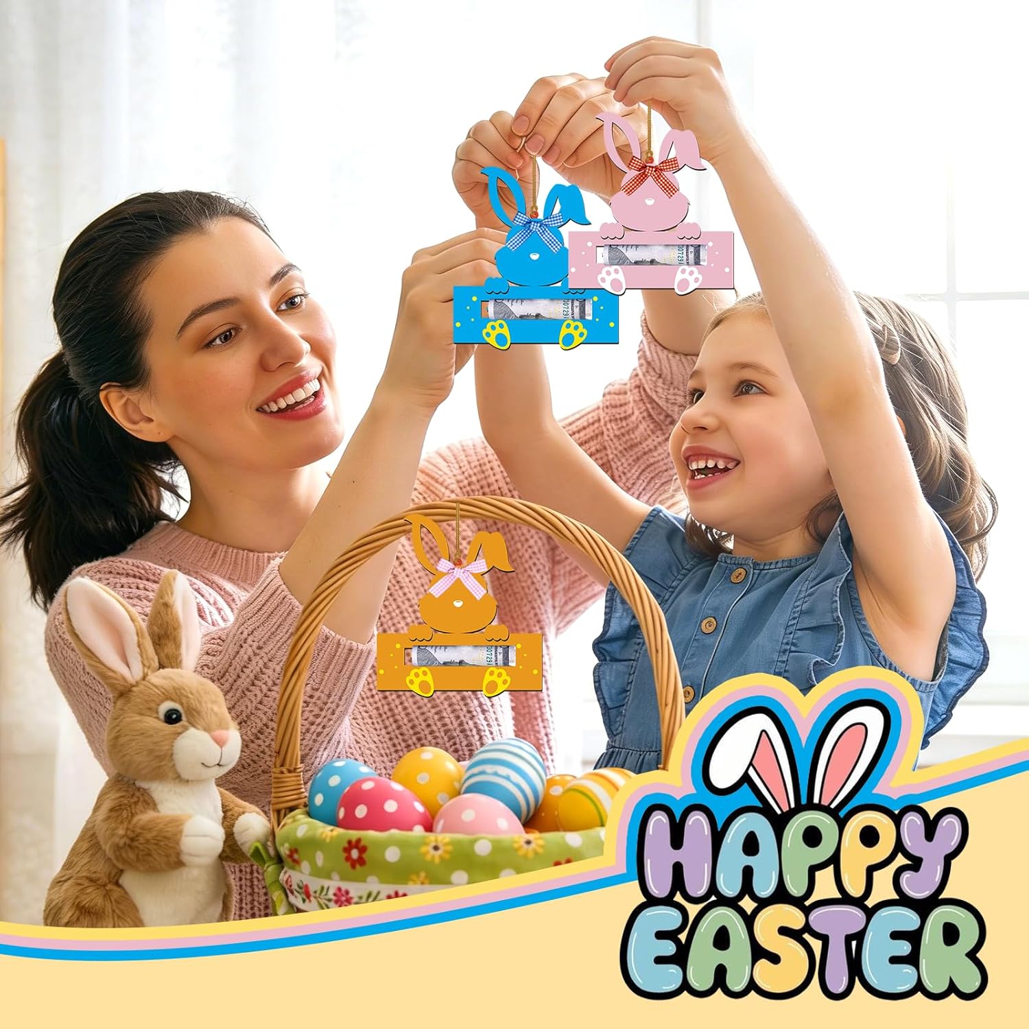 GRMIKBU 6 Pcs Bunny Easter Money Holder For Cash Gift,Easter Gift Card Holder Basket Tag Wooden Money Rabbit Money Cash Holder for Boy, Girl, Grandchildren for Basket Stuffers Holiday Present - Image 6