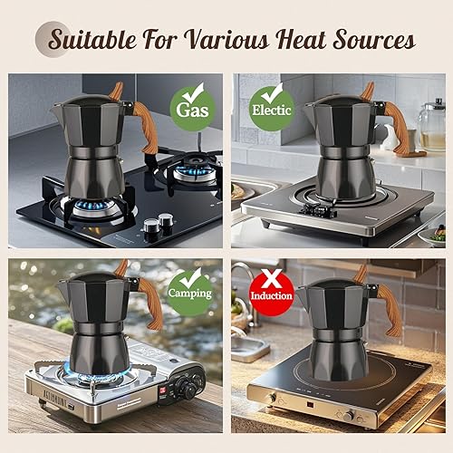 Miniatura 5 de Moka Pot - Cafetera italiana de aluminio con mango de tacto frío (negro, 3 tazas)