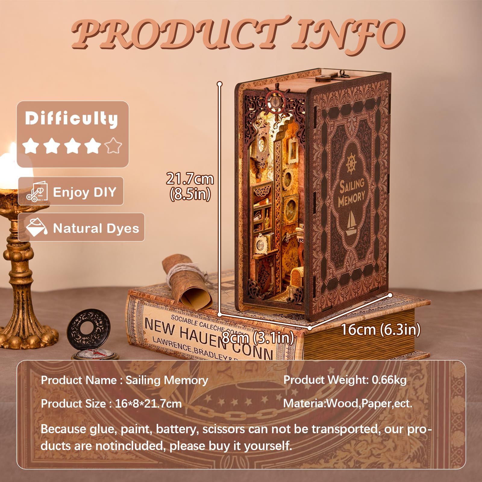 Fsolis Book Nook Kit fai da te in miniatura 3D puzzle in legno libreria decorazione casa delle bambole kit modello libro regali (memoria vela)