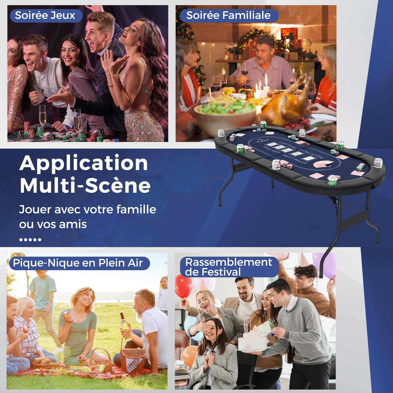 DREAMADE Table de Poker Pliable pour 8 Joueurs, Table de Poker Texas Hold’em Pliante avec Rebord Rembourré, Porte-gobelets en Métal, Surface en Feutre de Qualité Casino (Bleu)