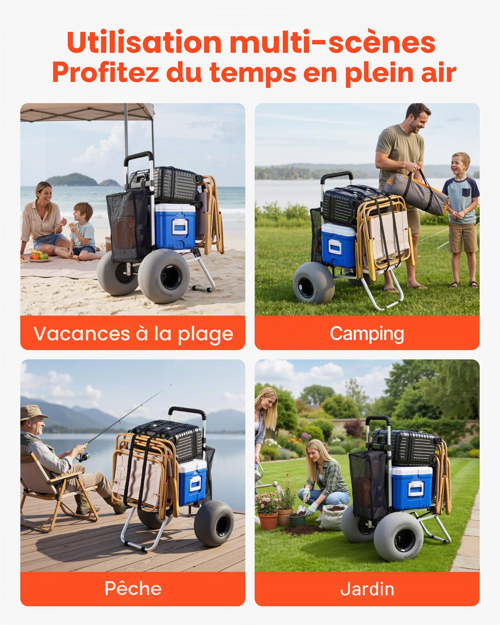 VEVOR Diable de Plage Tout-Terrain, Chariot de Transport Pliable Charge Maximale 75 kg, pour Camping Pêche Jardin Extérieur, Plateau de Chargement 50,5x37,4 cm, Roues Ballons 32 cm, Hauteur Réglable