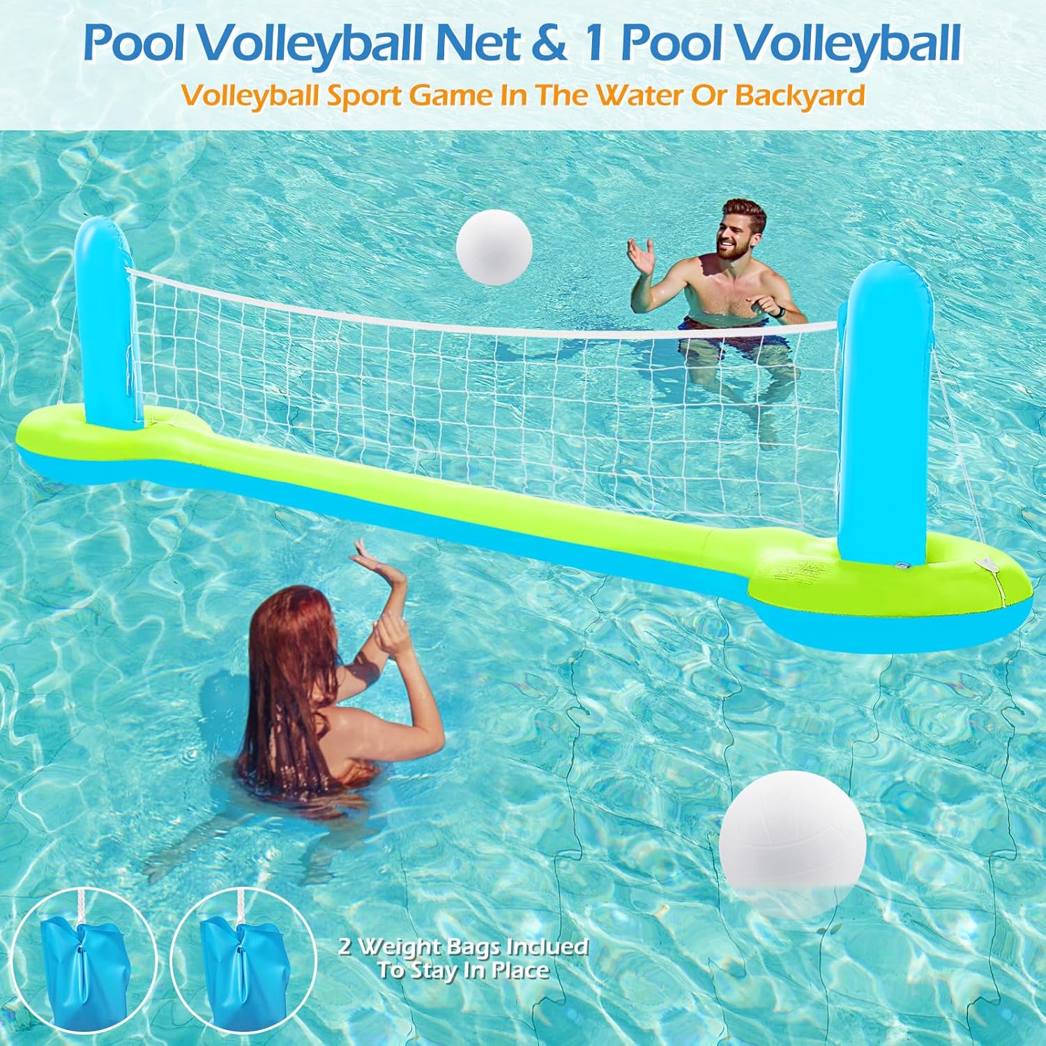 Jasonwell Pool Toys Games Set - 3 in 1 Pool Volleyball Net Basketball Hoop Ring Toss Game Inflatable Floats Water Floating Volleyball Swimming Pools Party Game Accessories Toy Gift Kids Teens Adults L 105" Green image 3 of 8 B0DRNFVMM4