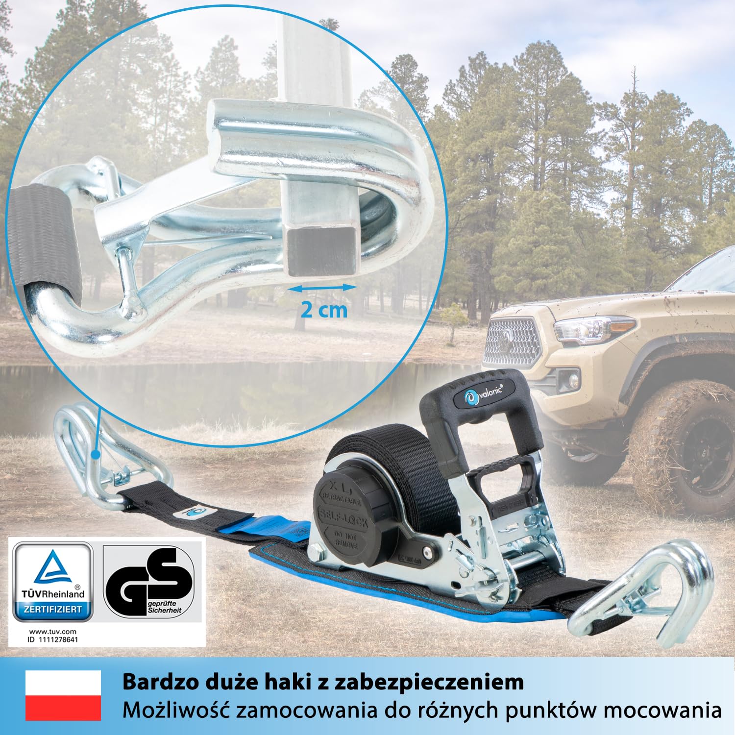 valonic GRIZZLY - XXL Automatyczny pas mocujący Premium z karabińczykiem, wyściełany, 2 sztuki, 5m, 35mm, 800/1600 kg, z grzechotką, EN-12195-2, czarny