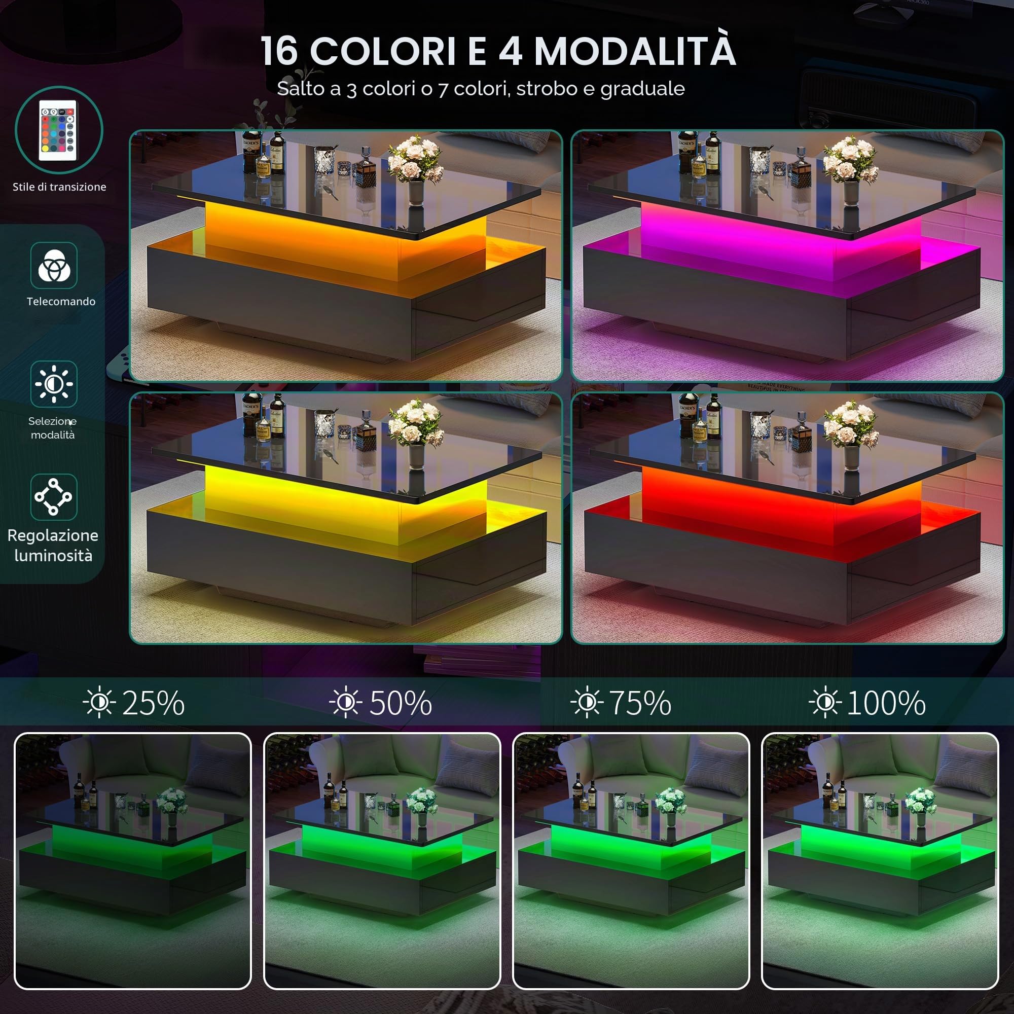 YITAHOME Tavolino da salotto regolabile in altezza, lucido, con piastra di sollevamento, tavolo da soggiorno con LED a 16 colori moderno e 2 cassetti