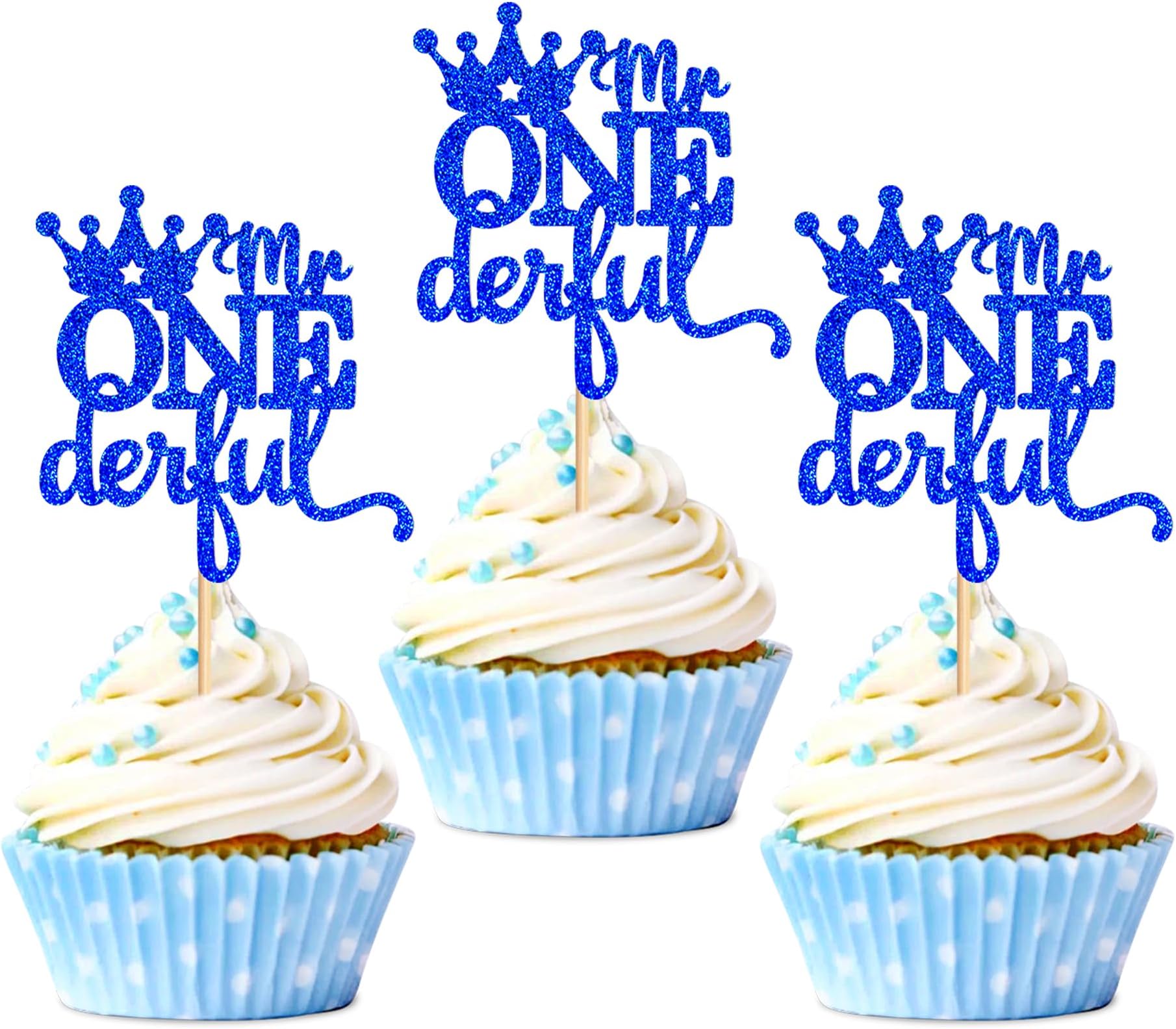Ercadio 24 Pack Crown Mr Onederful Cupcake Toppers Blue Glitter Crown One Cupcake Picks Prince 1st Birthday Crown Cupcake Decors for Crown Theme Baby Shower Party Decor Supplies