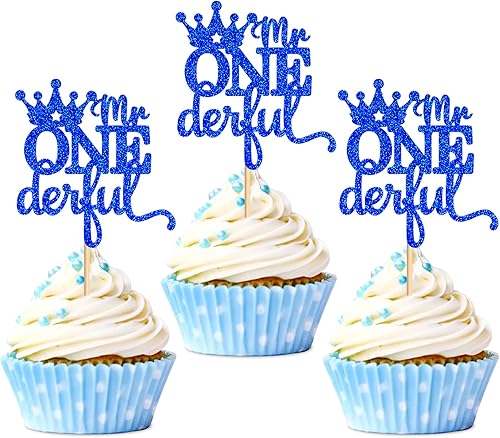 Ercadio Paquete de 24 coronas de Mr Onederful para cupcakes, corona azul con purpurina, una corona de príncipe para primer cumpleaños, decoración de