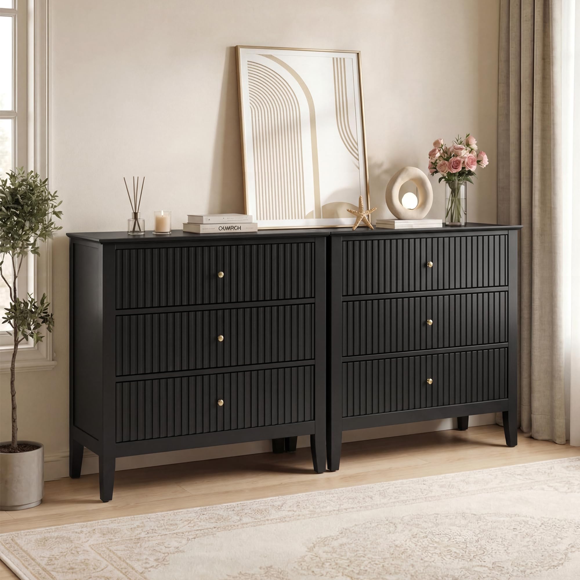 Amazon.com: RoyalCraft Large 3 Drawer Dresser Set of 2, Fluted Chest of  Drawers with Storage, Modern Painted 30 inch Tall Nightstand for Bedroom  Living Room Entryway, Black : Home & Kitchen