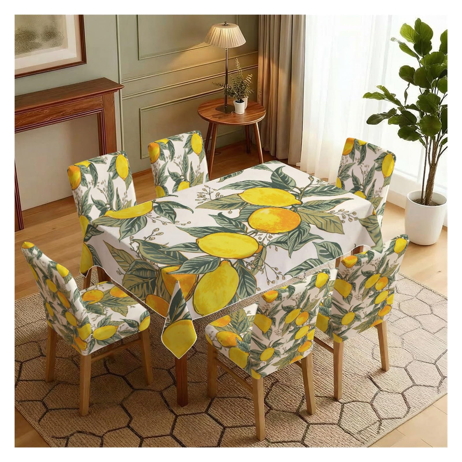 BOSUYBN Lemon Print Dining Chair Covers With Tablecloth Set, 5/7 Piece Stretch Chair Slipcovers For Fresh Summer Dining Setup Table Setting(7pcs Set: Tablecloth+Chair Covers)