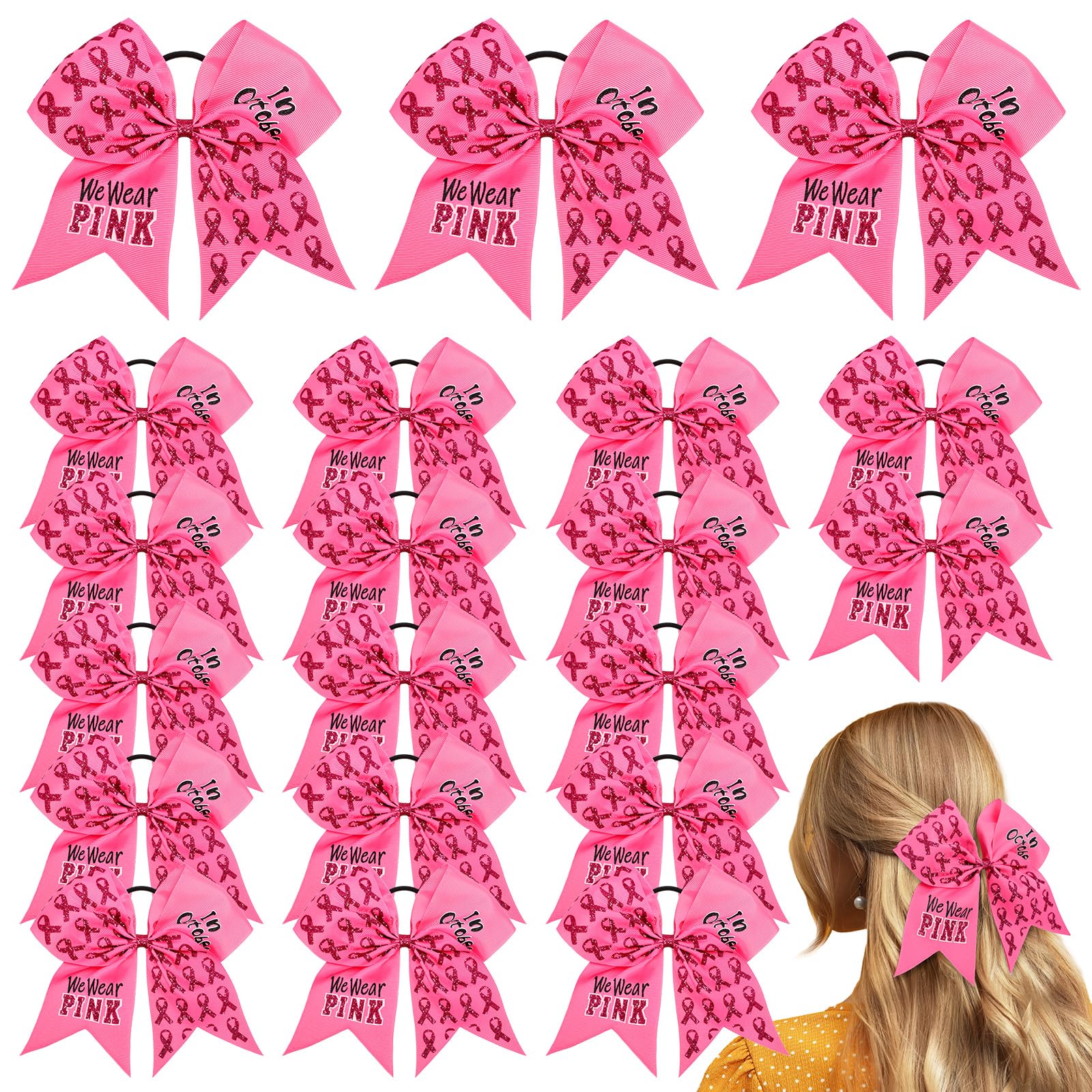 Preboun 20 Pcs 7" Large Glitter Breast Cancer Awareness Cheer Bows Pink Cheerleader Ribbon Hair Bows with Ponytail Holder Pink Hair Band Handmade Elastic Band for Baby Women Teens Girls Pink Breast Cancer