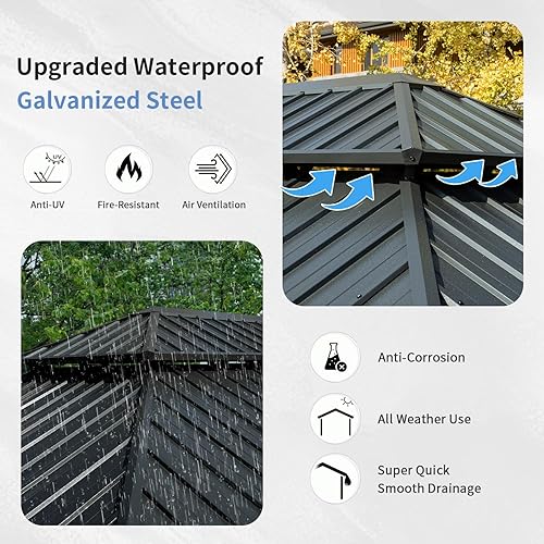 Miniatura 3 de Domi Gazebos de techo rígido de 12 x 14 pies, cenador de metal de aluminio con toldo de doble techo de acero galvanizado, cortina y red, pabellón