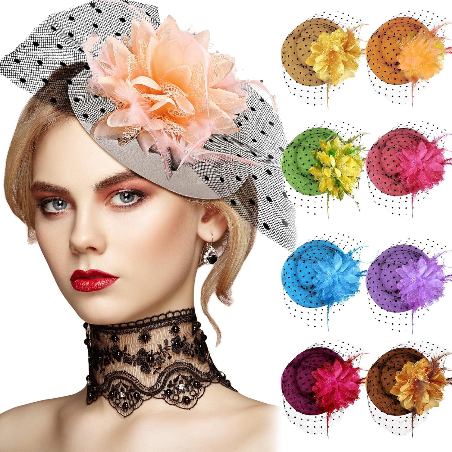 Jeyiour 9 Pcs Fascinators Hats Tea Party Feather Pillbox Hat with Clips for Women Halloween Veil Flower Hat, 9 Colors