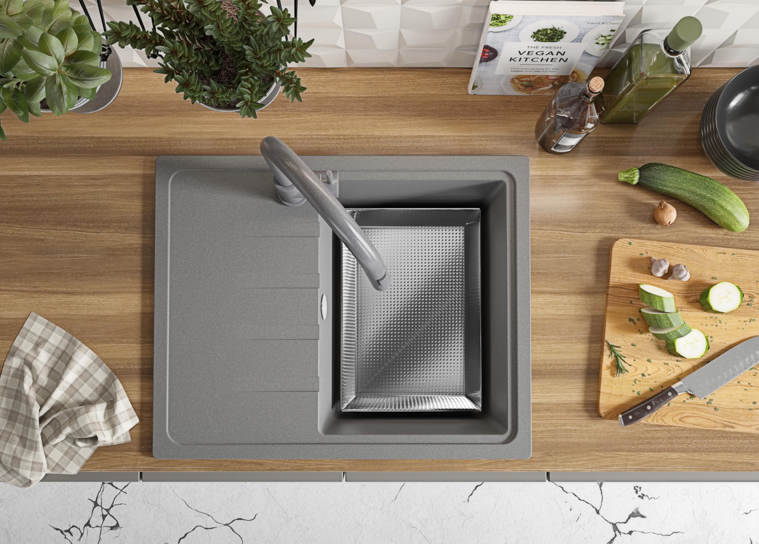 PRIMAGRAN Evier Cuisine en Granit au Meuble 40cm + Kit de Vidage, 62x50cm