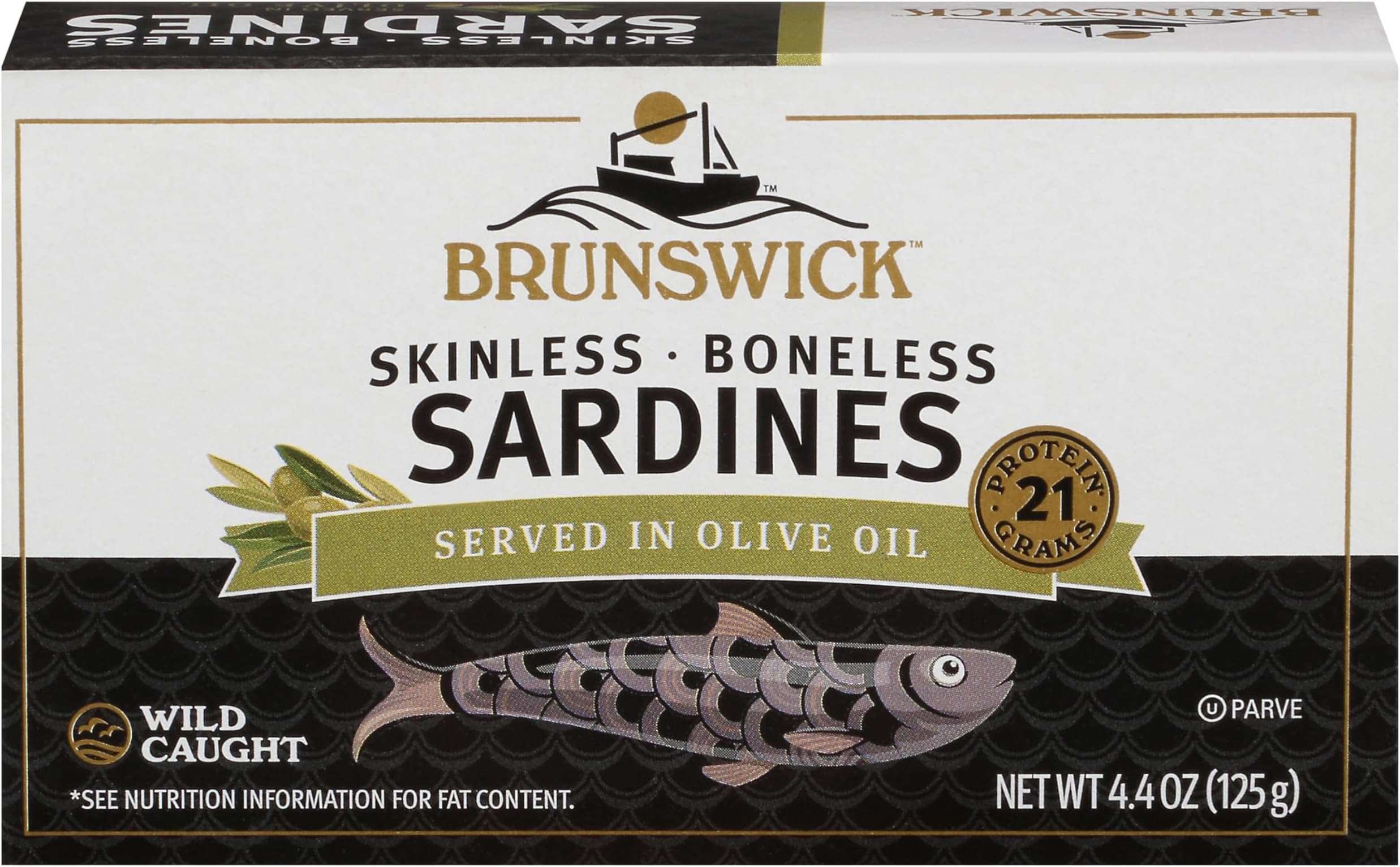 Wild Caught Skinless and Boneless Sardines, Served in Olive Oil, 4.4 Ounce
