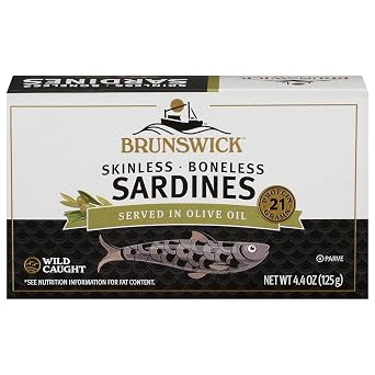 Brunswick Wild Caught Skinless and Boneless Sardines, Served in Olive Oil, 4.4 Ounce