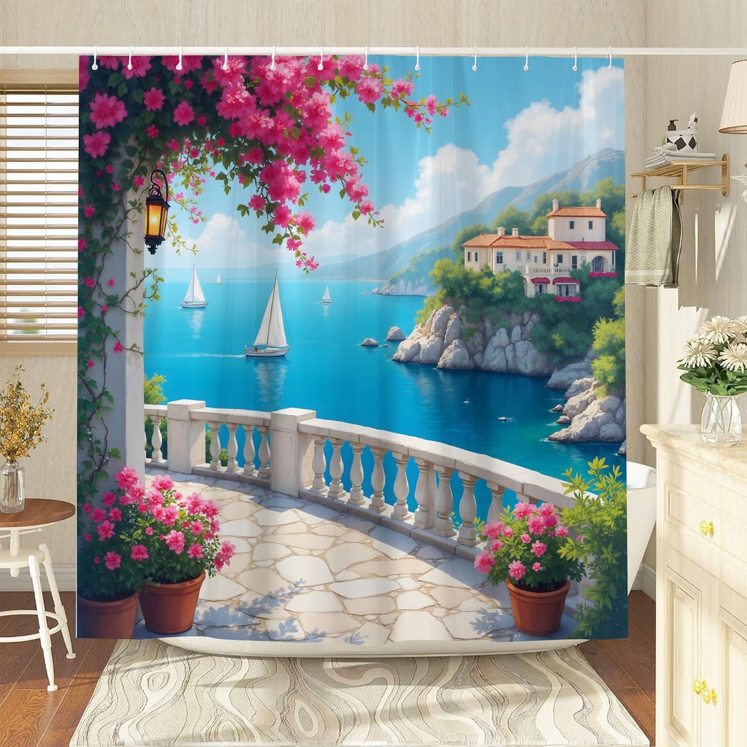 Coastal Landscape Shower Curtain Mediterranean Natural Scenery Purple Floral Vines Plants Blue Ocean Sailboat Italian Rustic European City View Polyester Fabric Bathroom Decor 70×96 Inch with Hook