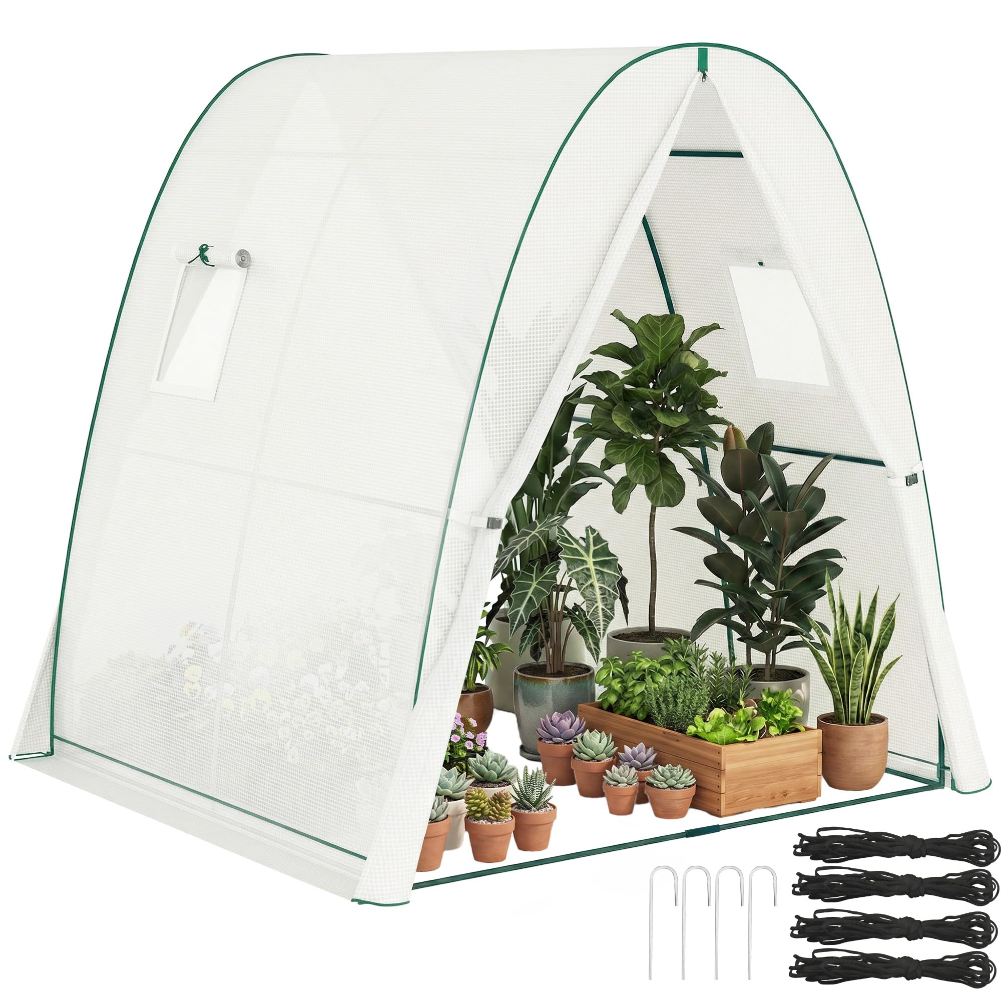 Outsunny Polytunnel Greenhouse with Sandbags and Hemmed PE Cover, 1.8 x 1.8 x 2m Walk-In Tunnel Green House with 2 Doors and Screen Windows, Portable Greenhouse Gardening Plant Hot House, White