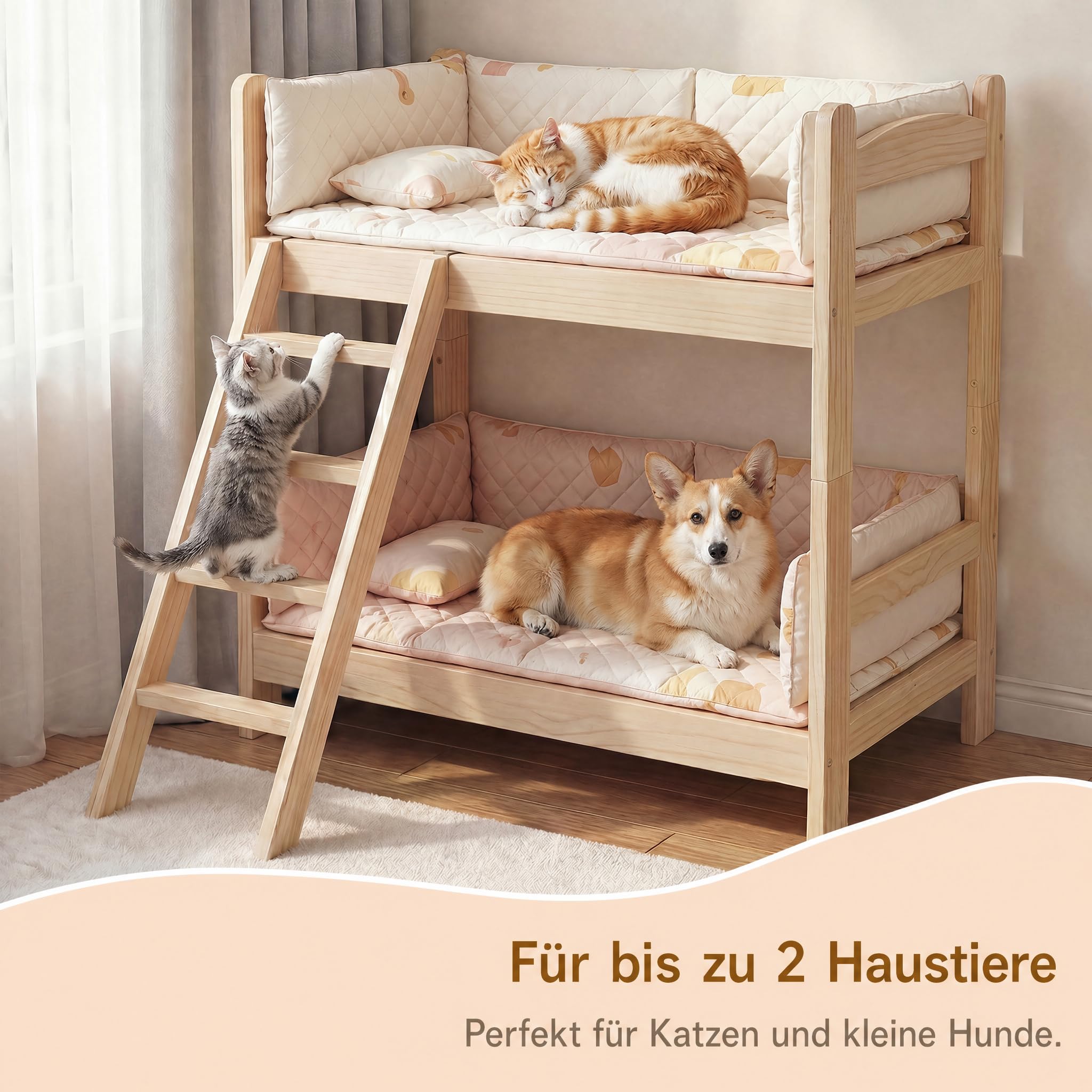 Caldion Haustierbett 2 Etagen 60x45x70 cm stabiles Katzen- und Hundebett mit Leiter belastbar bis 30 kg Haustiersofa für 2 Tiere mit Platz für Katzenklo unten für Wohnzimmer Schlafzimmer
