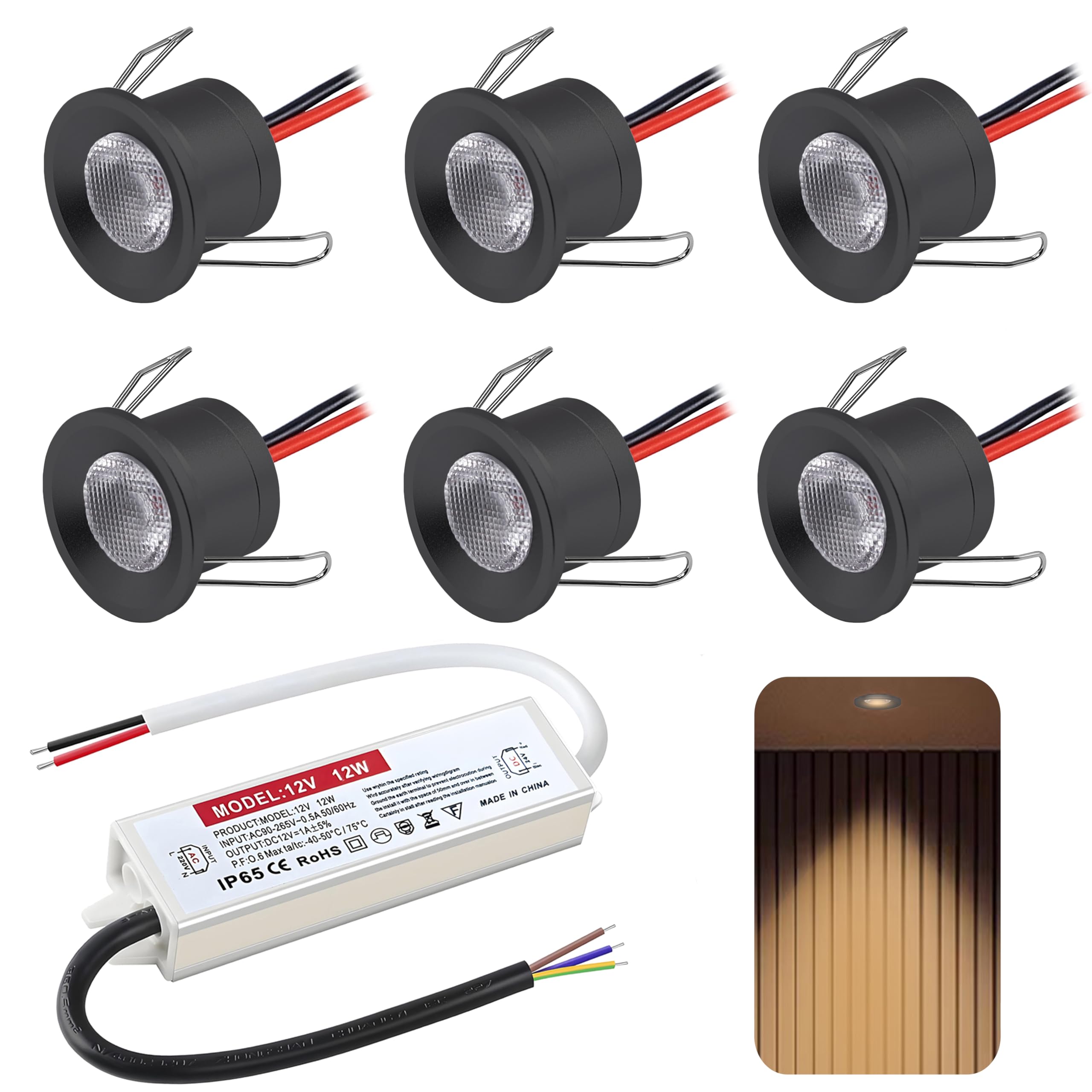 LED Einbaustrahler 12V 2W, mini Led Spot Warmweiß, Deckenspots Einbauleuchten 25-28mm EinbauØ,IP65 LED Spots für Badezimmer Küche Carport Treppe, mit 230v trafo,6er Set (Schwarz Warmweiß 3000k)