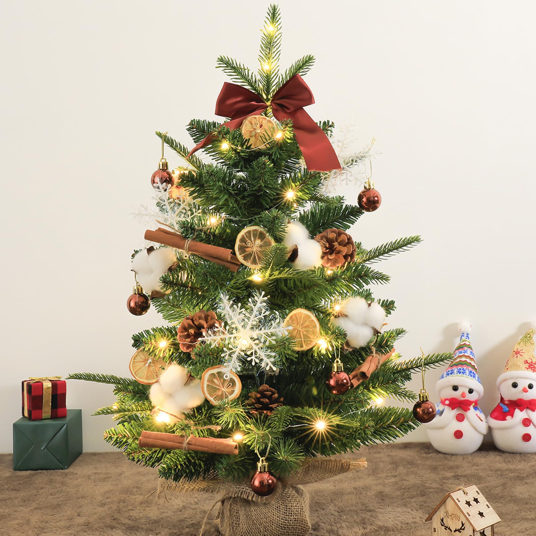 Piccolo albero di Natale con luci Decorazioni da tavola natalizie floccate realistiche da 18 pollici, squisite per la casa, l'ufficio, le decorazioni del negozio