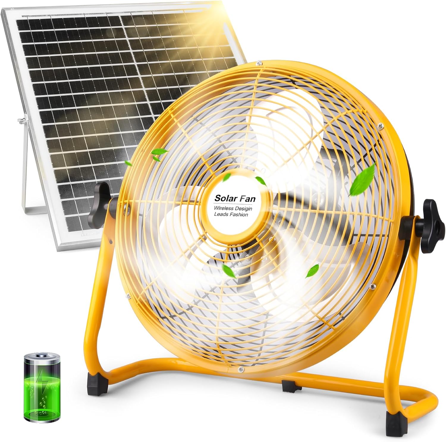 12" Solar Rechargeable Floor Fan - Portable Battery Operated Solar Powered Fan with 20W Panel & AC Charging, 360° Tilt for Outdoor, Chicken Coop, Garage (Black)​