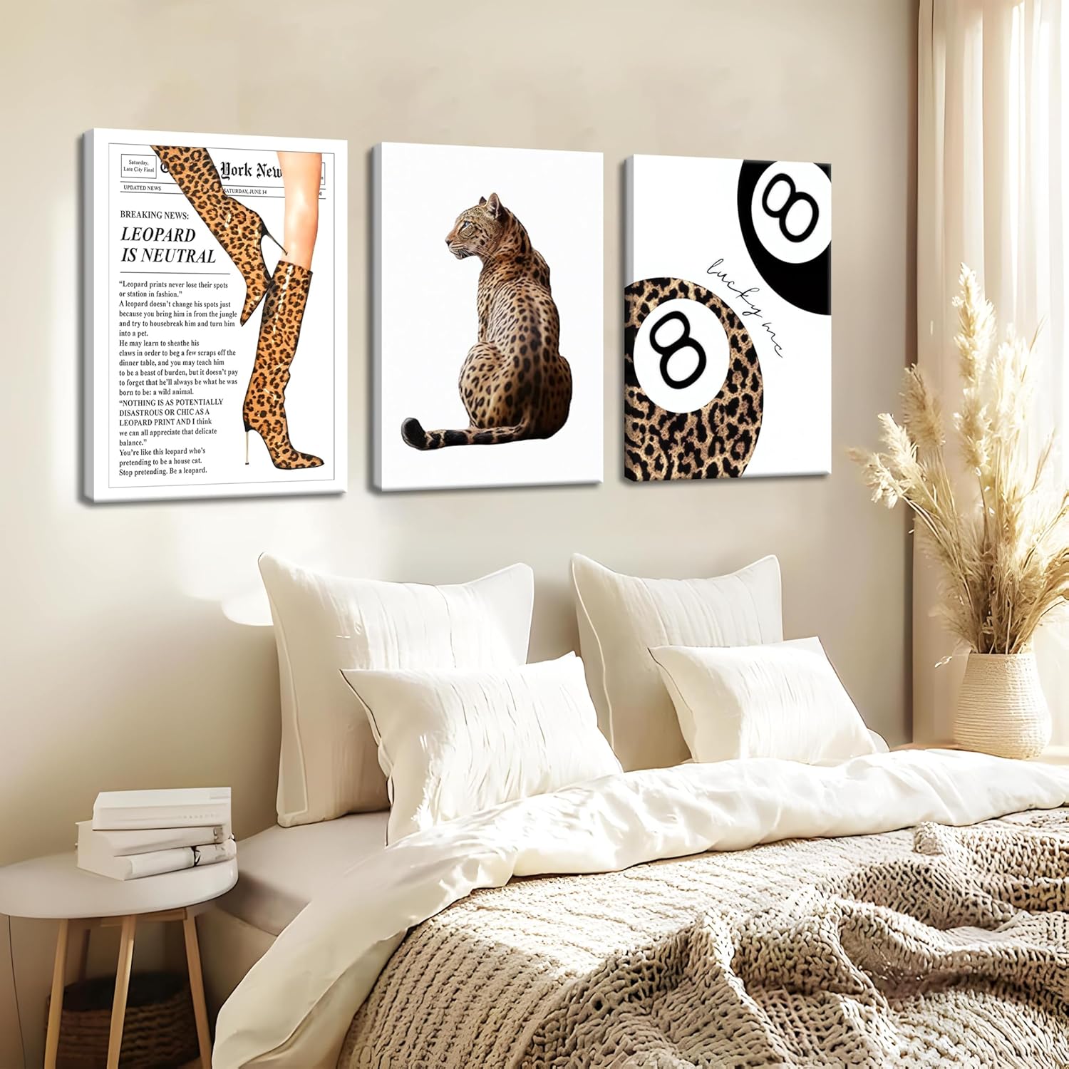 YHCTHT Trendy Leopard Canvas Wall Art Set of 3 – Funky Framed Lucky 8 Ball Wall Decor, Preppy Room Aesthetic Cheetah Print Pictures for Girls Bedroom, Apartment, Dorm Decorate – 12x16in