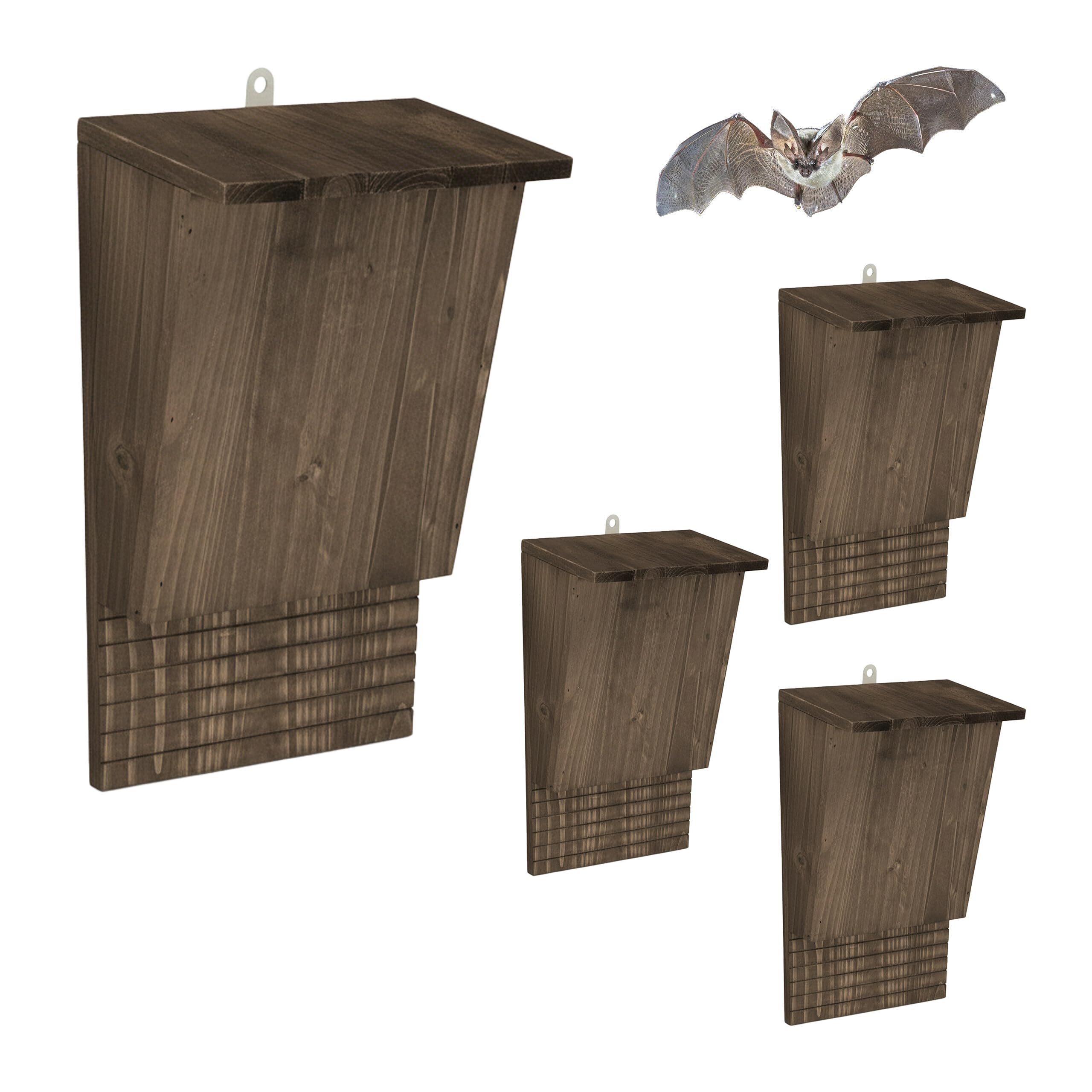 Relaxdays casetta per pipistrelli, set da 4, rifugio per pipistrelli, A x L x P 34 x 22,5 x 12,5 cm, legno, marrone
