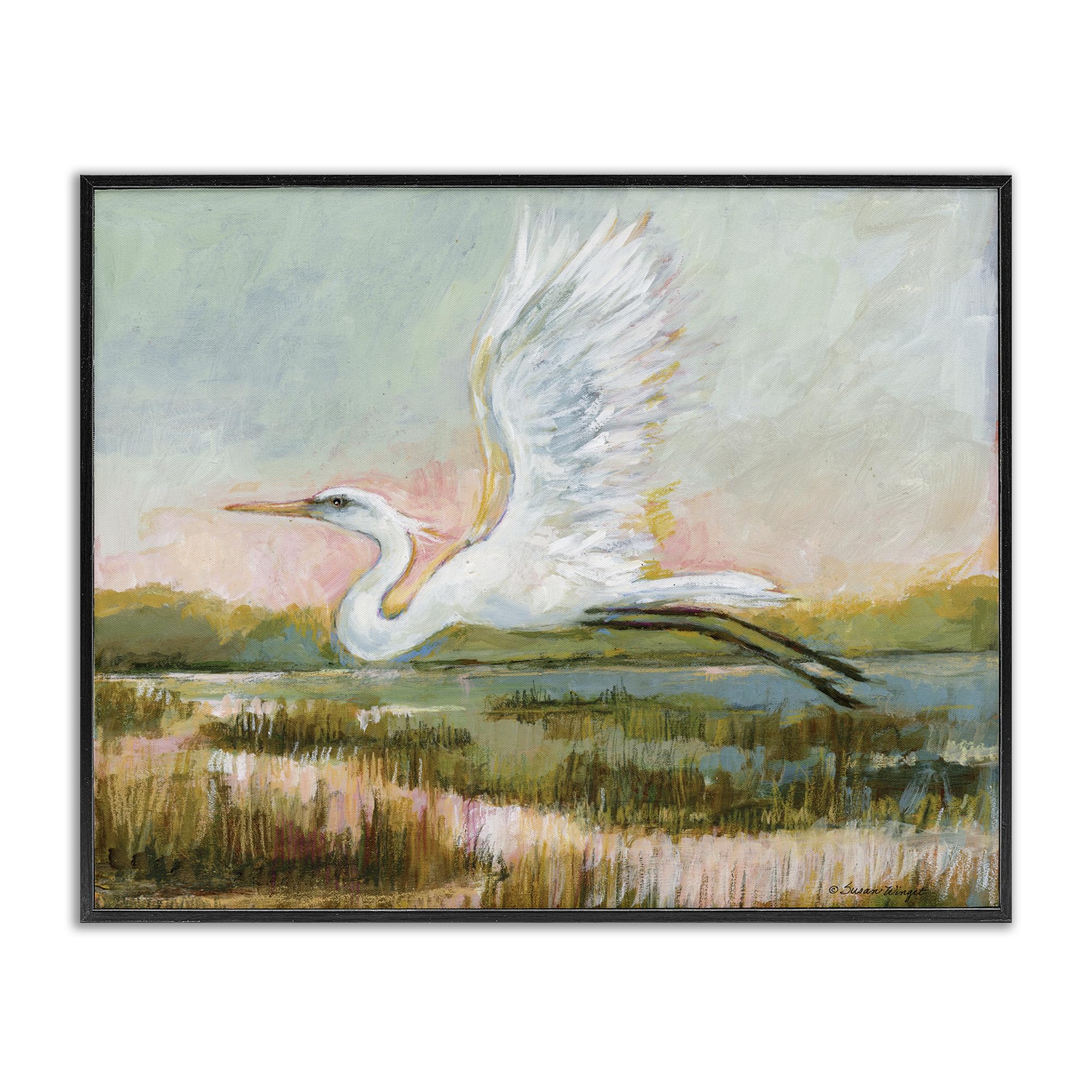 Stupell Industries Midnight Black (Textured) White Heron Flying Nature, 24 X 30 Inch Framed Giclée Print